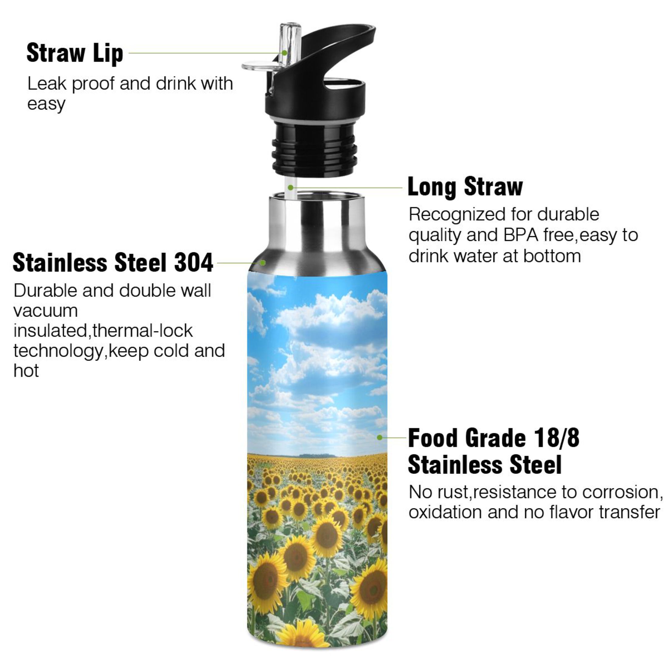 Sunflower and Blue Sky Water Bottles Insulated Thermos Kids Stainless Steel Bottle with Straw Lid Flask Leakproof for Sports Gym 20 oz