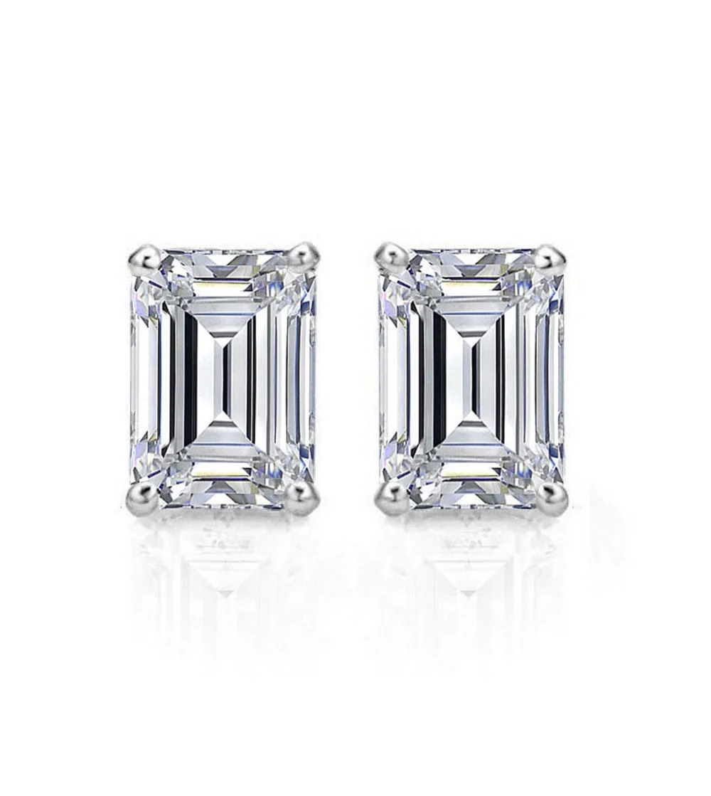 2 ct Brilliant Emerald Cut Solitaire Studs Conflict free Genuine Cultured Certified Diamond Clarity SI1-SI2 Color G-H 18K White Gold Earrings Screw back