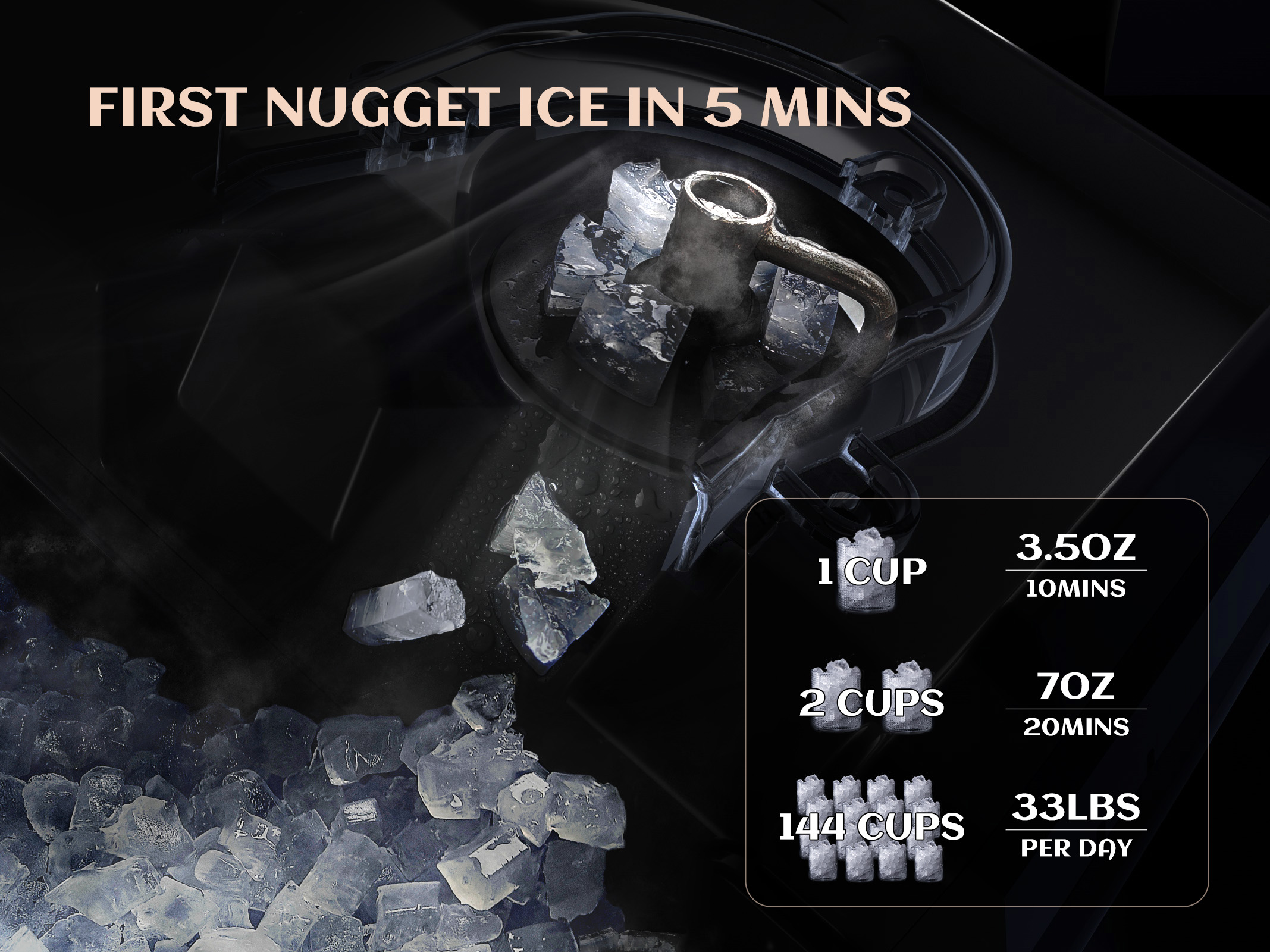 ecozy Nugget Ice Maker Countertop - Chewable Pellet Ice Cubes, 33 lbs Daily Output, Stainless Steel Housing, Self-Cleaning Ice Machine with Ice Bags for Parties, Kitchen, Bar, Office
