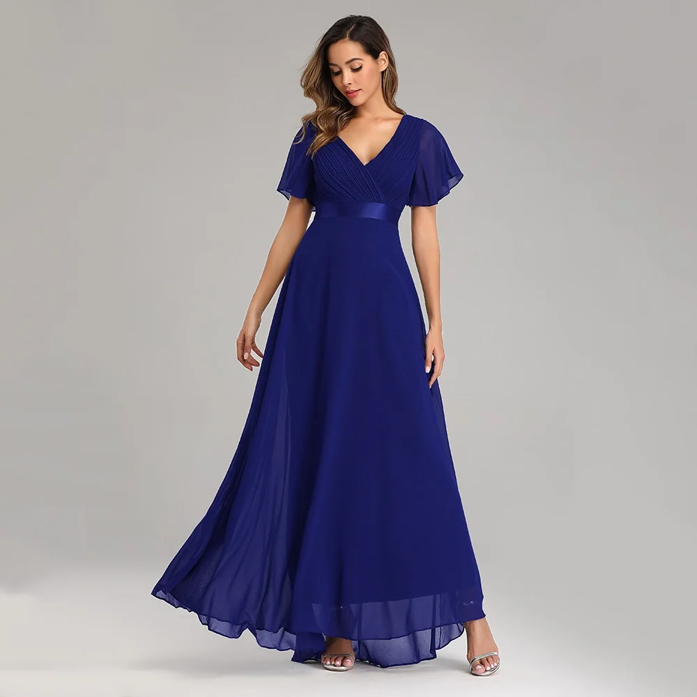 Evening Dresses Elegant V-Neck Ruffles Chiffon Formal Evening Gown Robe Vestidos De Fiesta Dress for Wedding Party