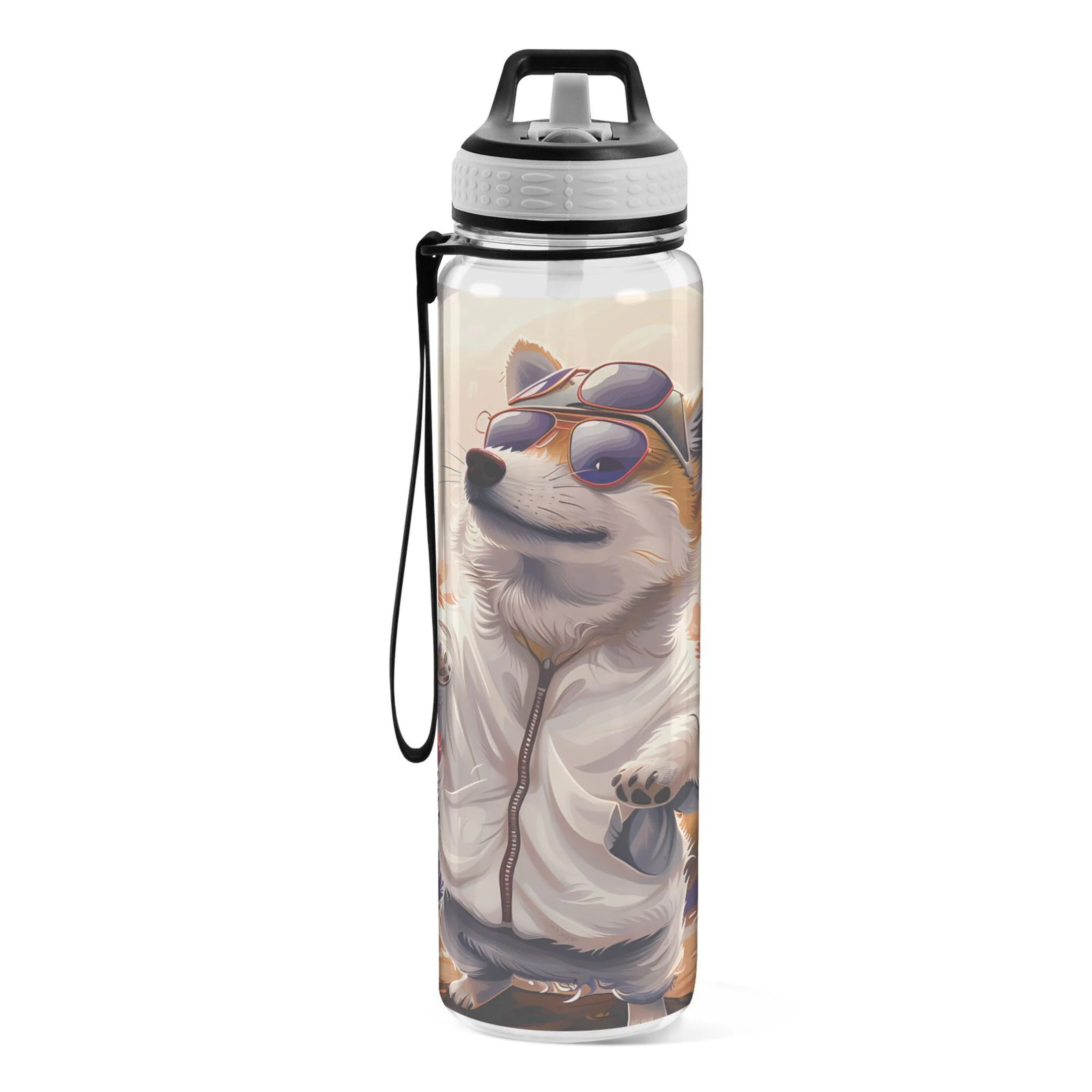 Dog and Sunglasses in Flowers 32oz Sports Water Bottles Leakproof Tritan Bottle with Straw BPA Free Clear Bottle for Fitness Gym Outdoor Cycling