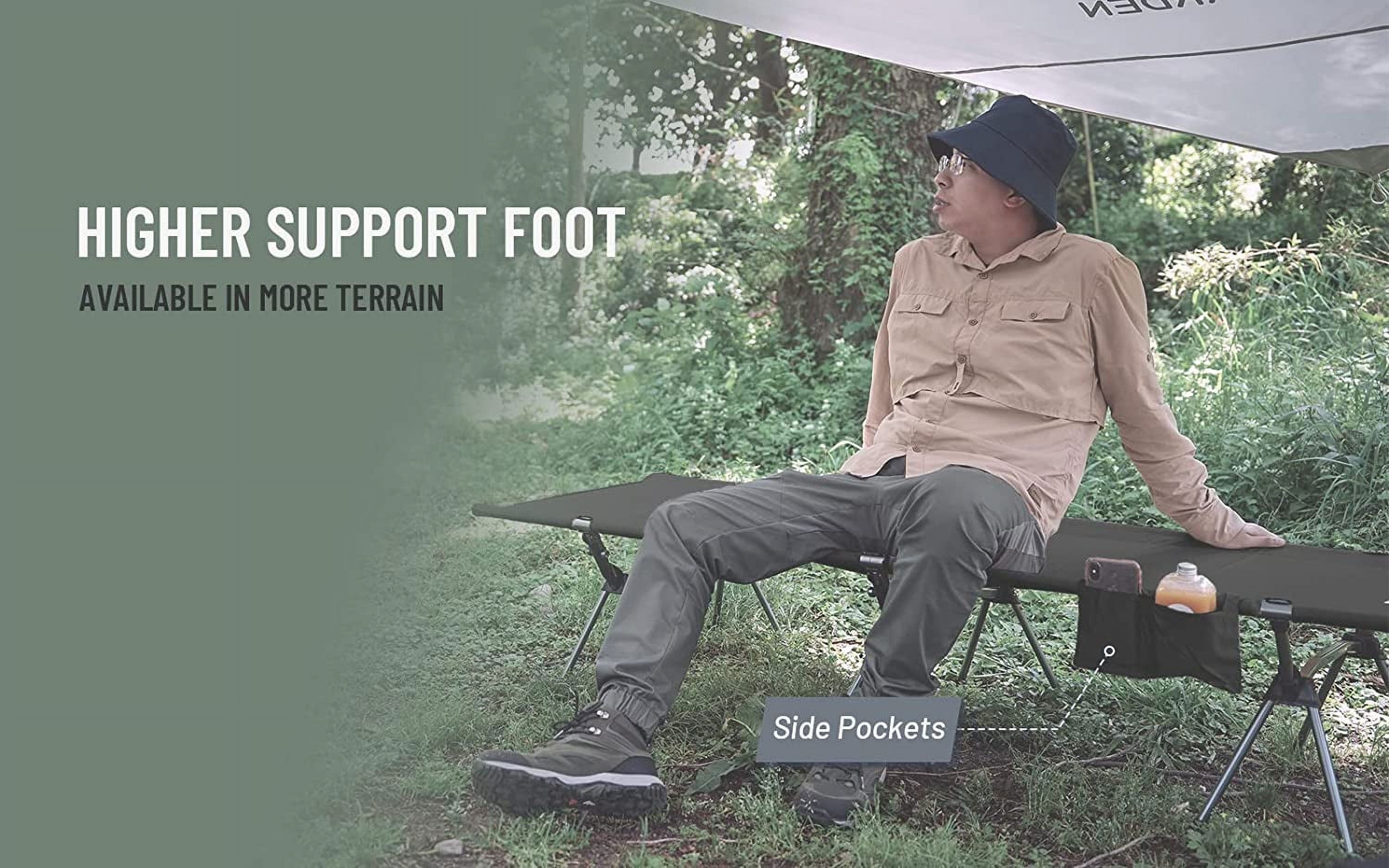 RUO Foldable High/Low 2 Modes Camping Cot with Side Pocket, Extend Legs, Storage Bag, Ultralight & Durable Backpacking Travel Tent Cot, Easy to use for Woman & Man