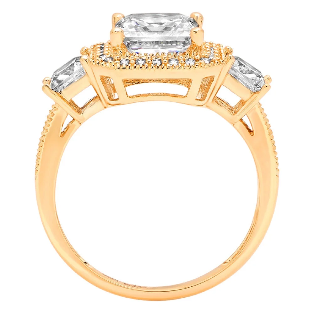 3.1 ct Princess Cut Real Genuine Natural Diamond VS1-VS2 G-H 14K Yellow Gold Three-Stone Promise Wedding Statement Engagement Designer Ring W/ Crystal side stones size 10