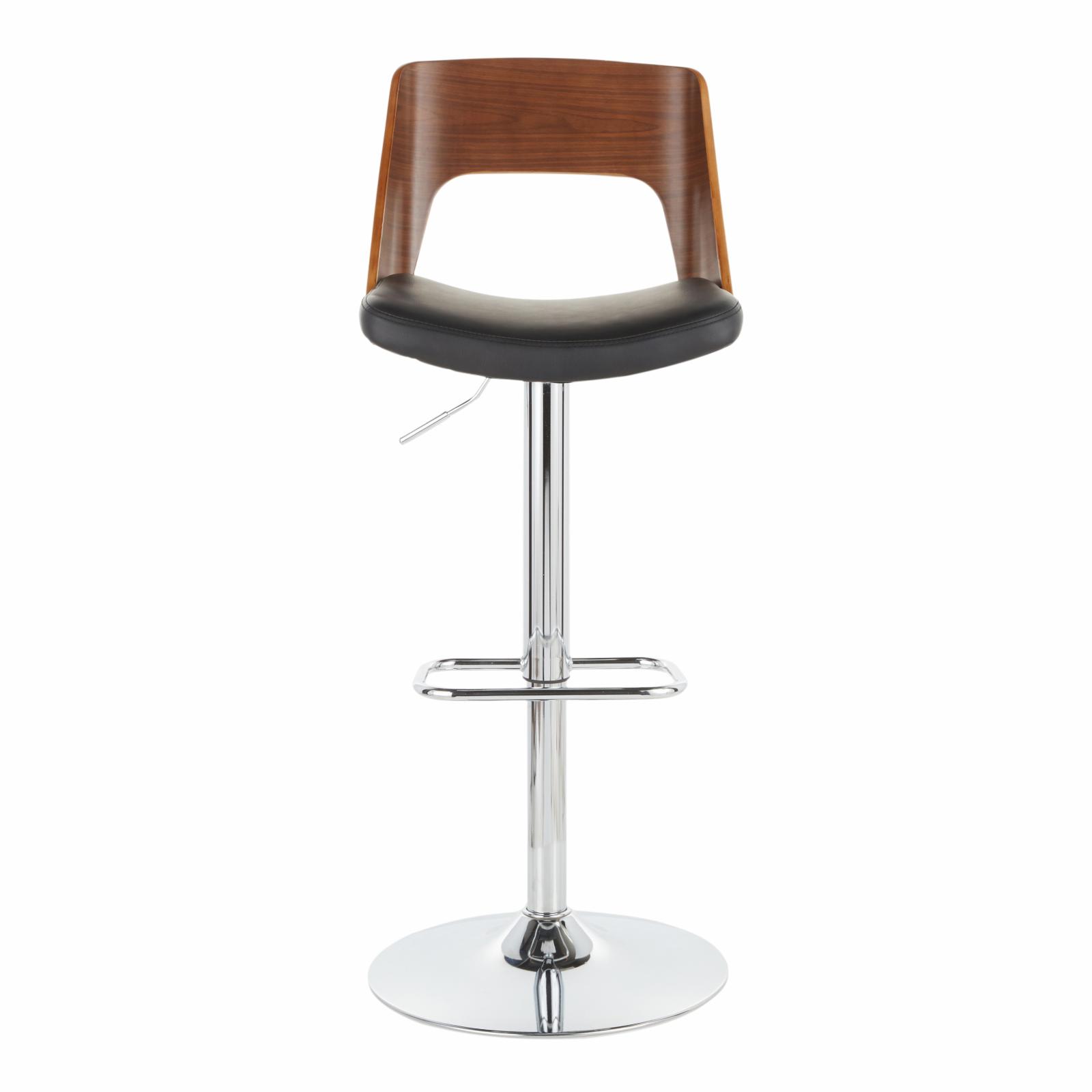Valencia Mid-Century Modern Adjustable Barstool With Swivel In Chrome, Walnut And Black Faux Leather - Set Of 2