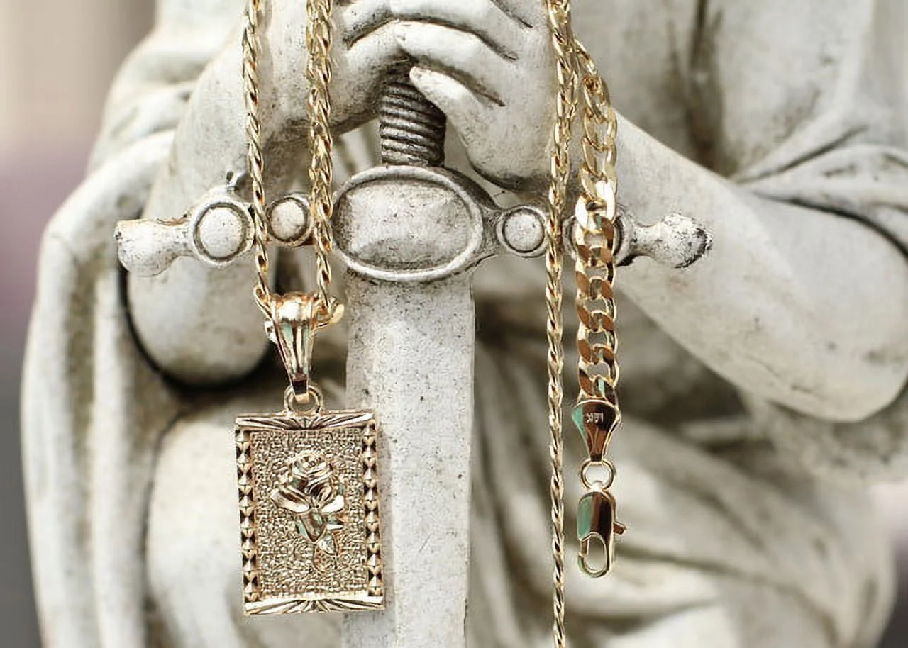 14K Bonded Gold Cuban Chain with Rose Charm, Best Unisex Christmas Gift for Women, Men, Girlfriend, Boyfriend, Her, Bestfriend, 14K Bonded Gold Necklace with Gift Box/Bag by Aria Jeweler