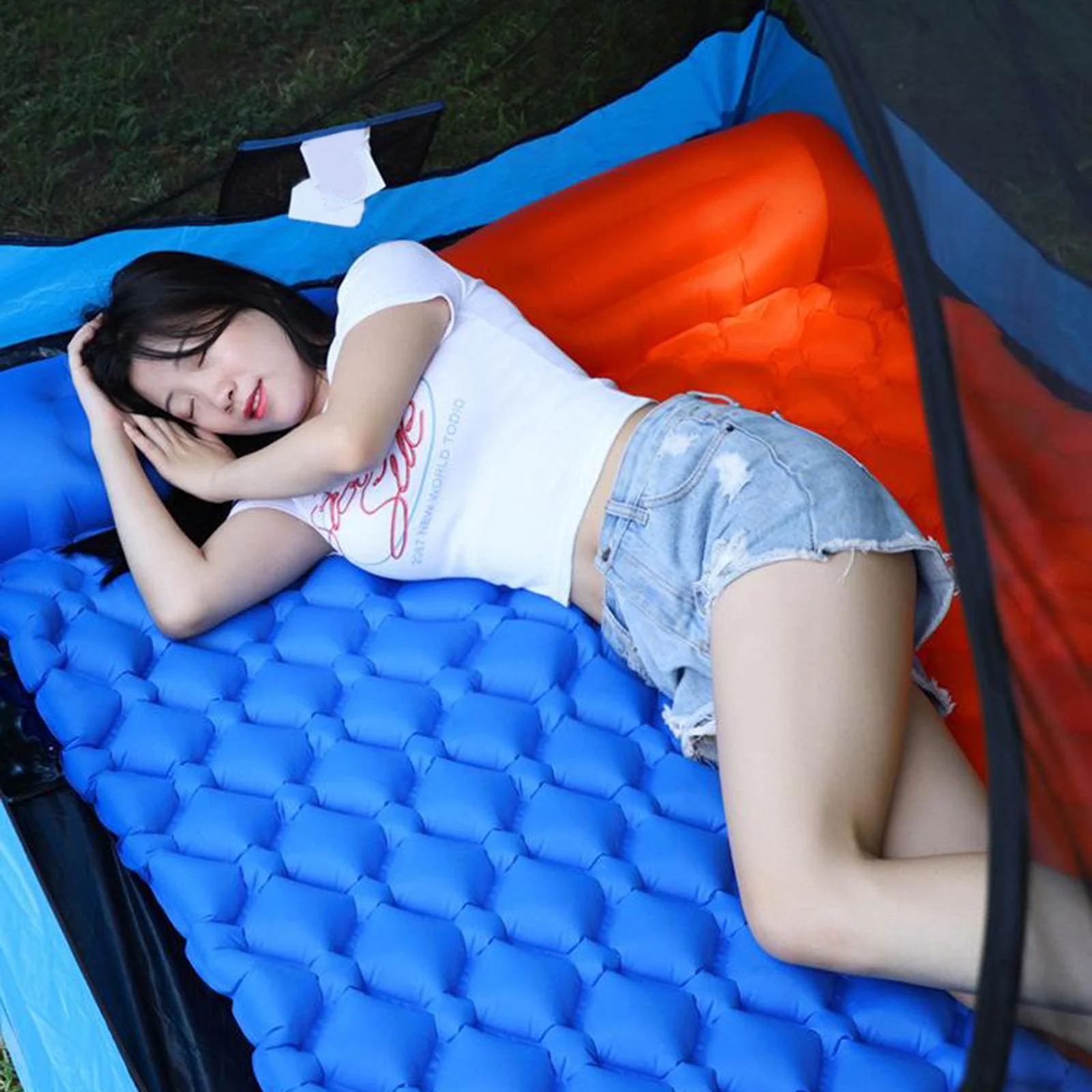 Inflatable Sleeping Mat-Waterproof Camping Mattress,Portable & Folding Inflating - Blue(with Pillow)