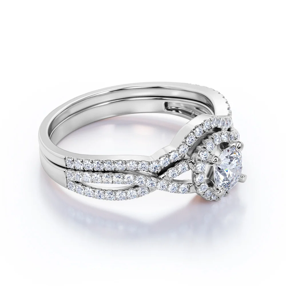 JeenMata Crossover Split Shank Round Cut Real Diamond Halo Wedding Ring Set in 10k White Gold