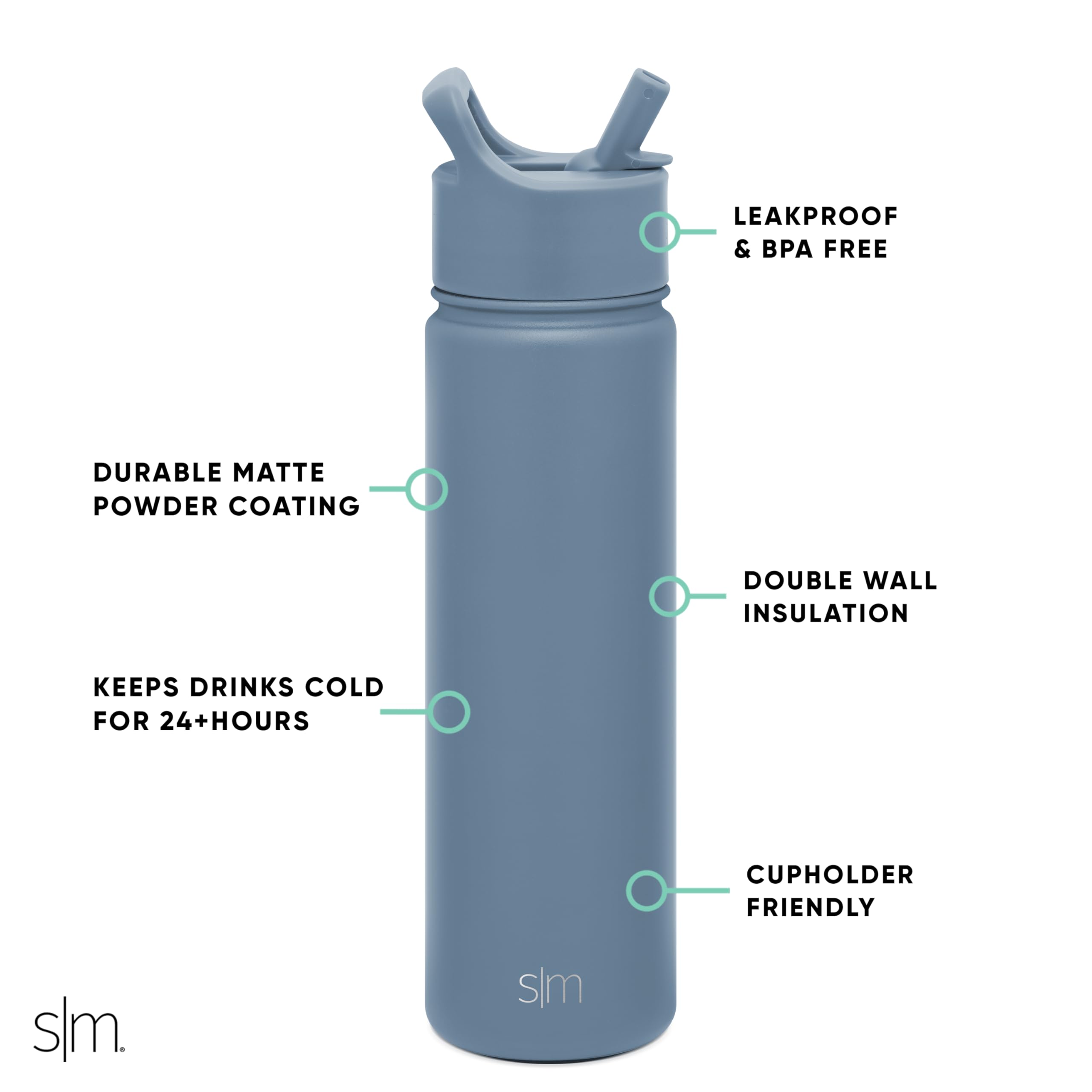 Simple Modern Water Bottle with Straw Lid Vacuum Insulated Stainless Steel Metal Thermos Bottles | Reusable Leak Proof BPA-Free Flask for Gym, Travel, Sports | Summit Collection | 22oz, Blue Dune