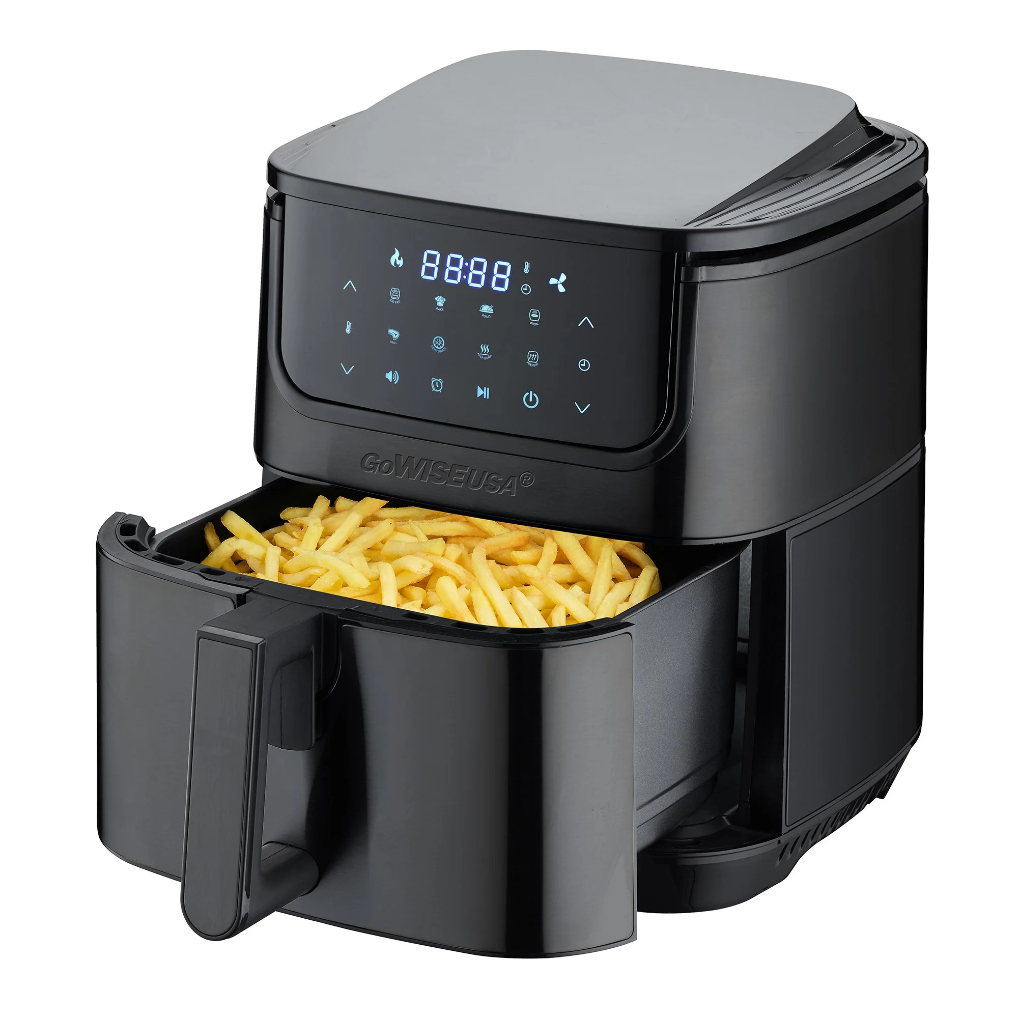 GoWISE USA 7-Quart Air Fryer & Dehydrator MAX STEEL XL- with Touchscreen Display with Stackable Dehydrating Racks with Preheat & Mute Functions 100 Recipes (Black Stainless Steel)
