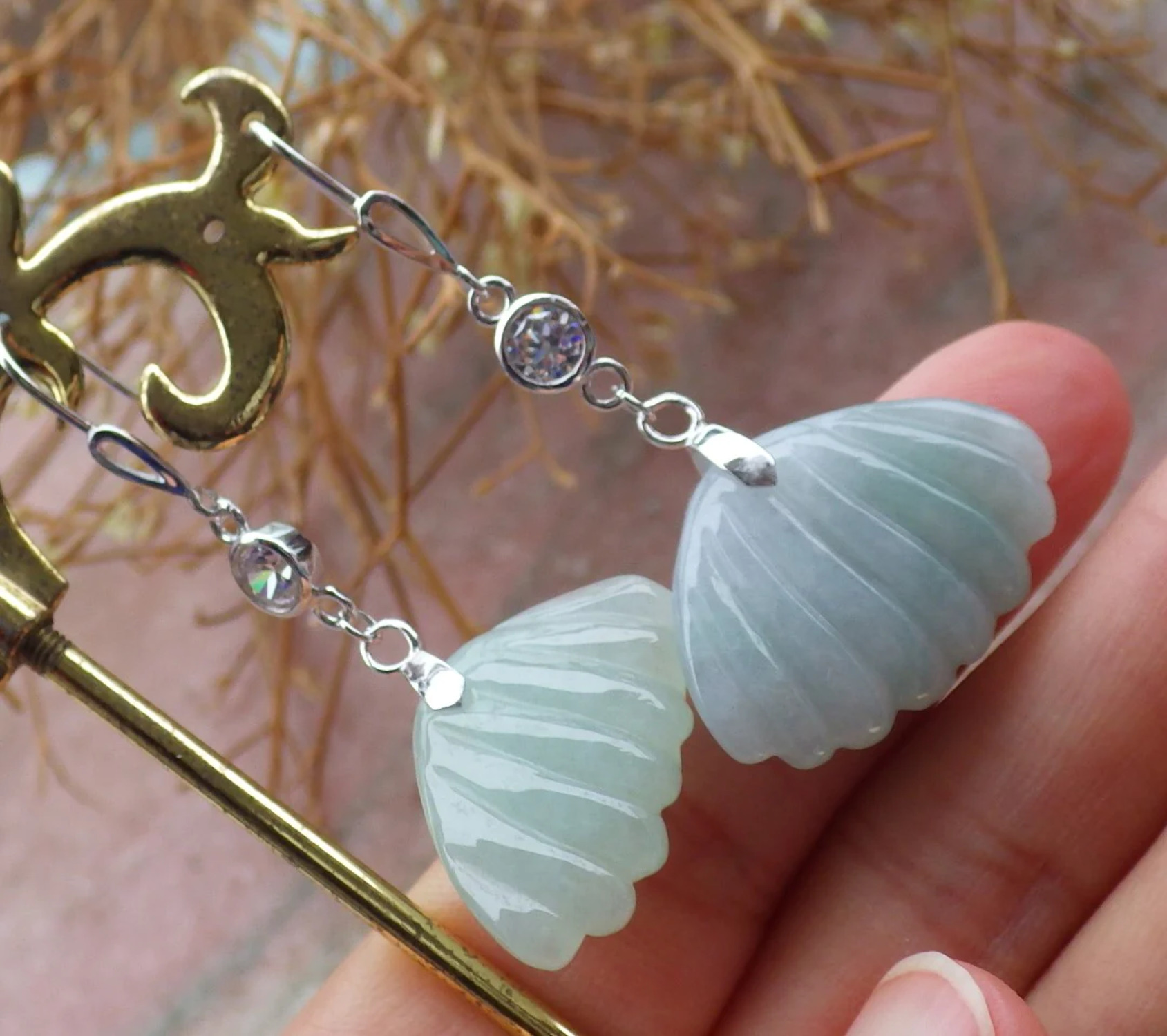 Certified Sterling Silver 925 100% Green Natural Myanmar Burma Hand Carved A Jade Jadeite Sea Shell Dangle Earring Earrings