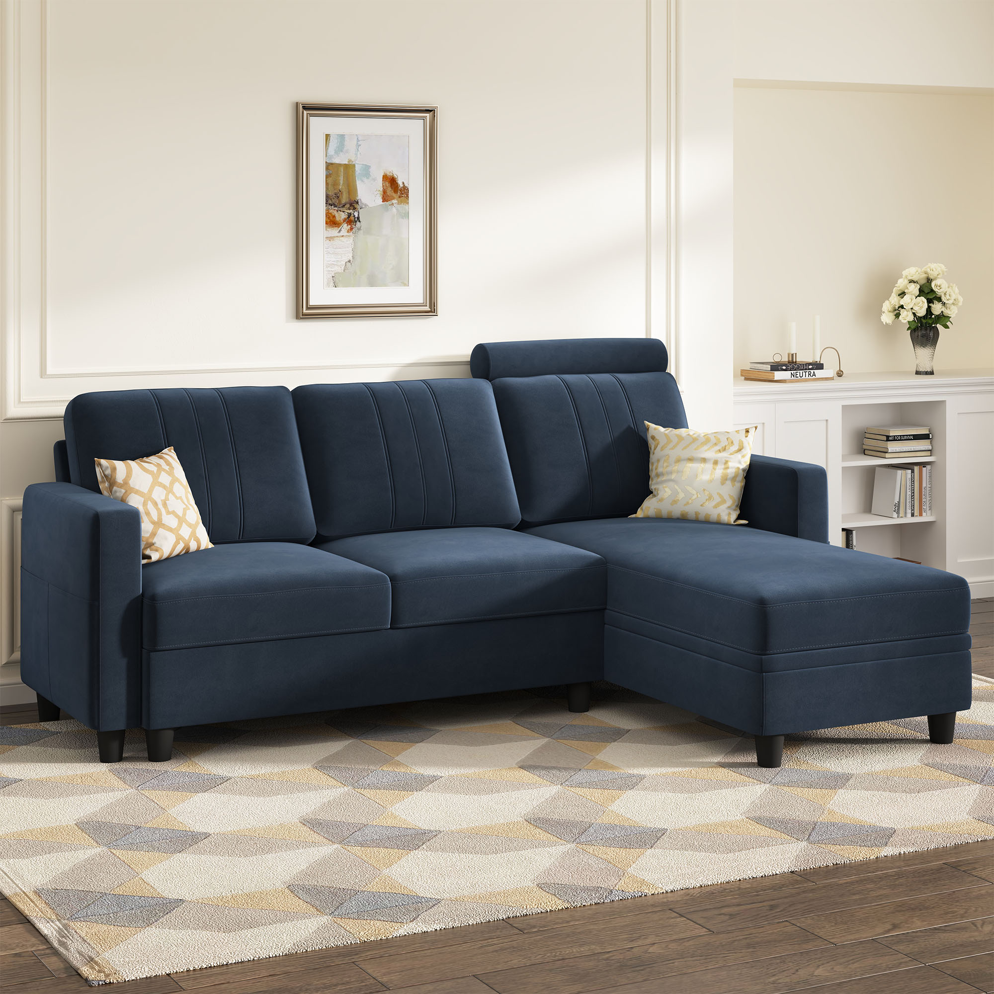 HONBAY Convertible Velvet L-Shaped Sectional Sofa with Headrest Pillow and Storage Chaise for Apartment, Dark Navy Blue