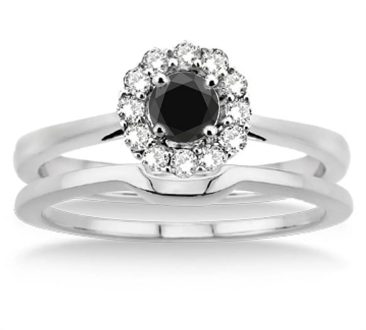 1.25 Carat Round Cut Black Diamond Moissanite Bridal Set Halo in 10K White Gold, Promise Ring, Anniversary Ring
