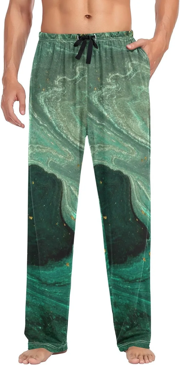 FREEAMG Men's Pajama Pants Teal Green Gold Luxury Marble Cotton Pjs Sleepwear Bottoms S-XXL