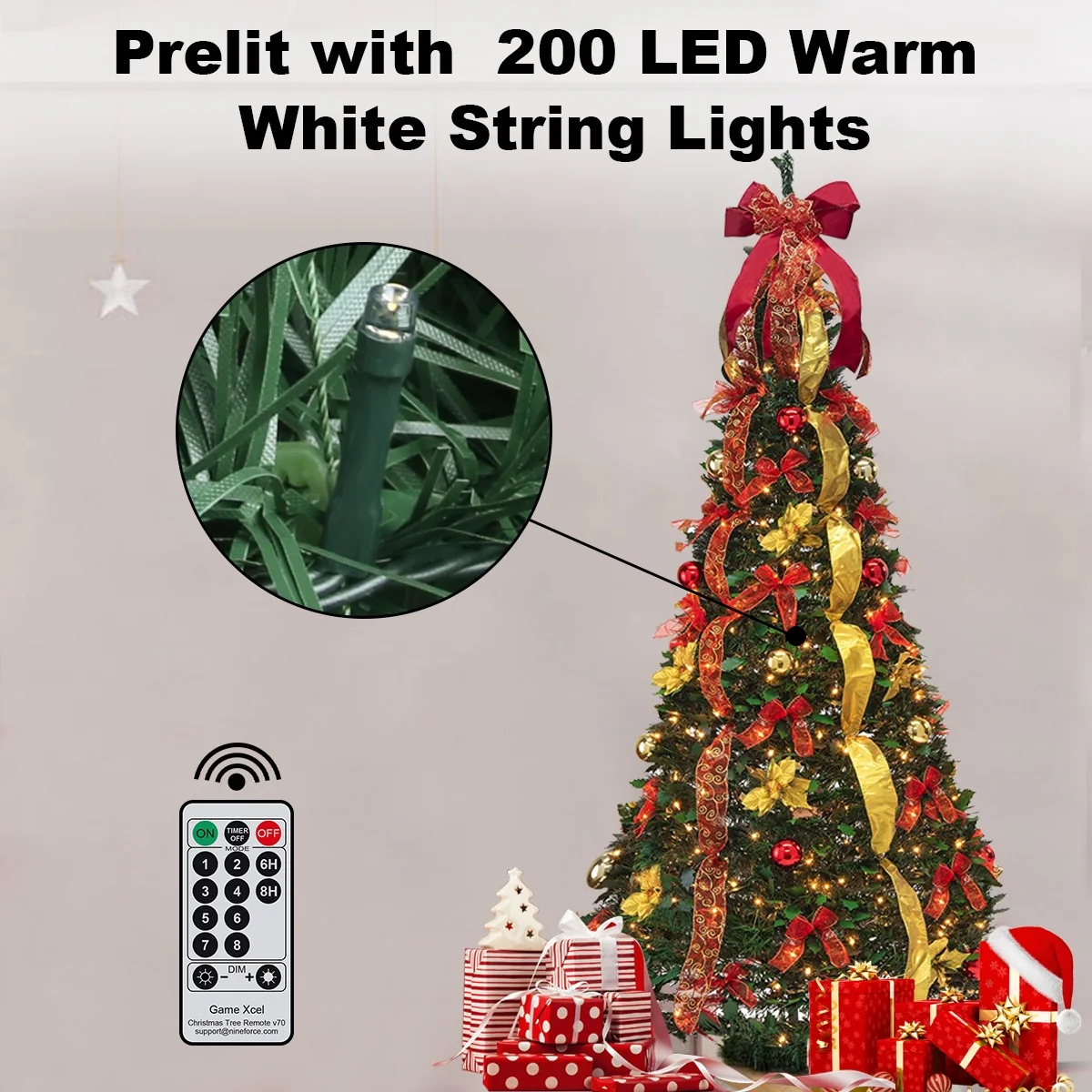 6FT Pop Up Christmas Tree Artificial with Remote, Pull Up Christmas Tree with Pre-lit 200LED Warm Lights, Holiday Party Decorations Red Gold