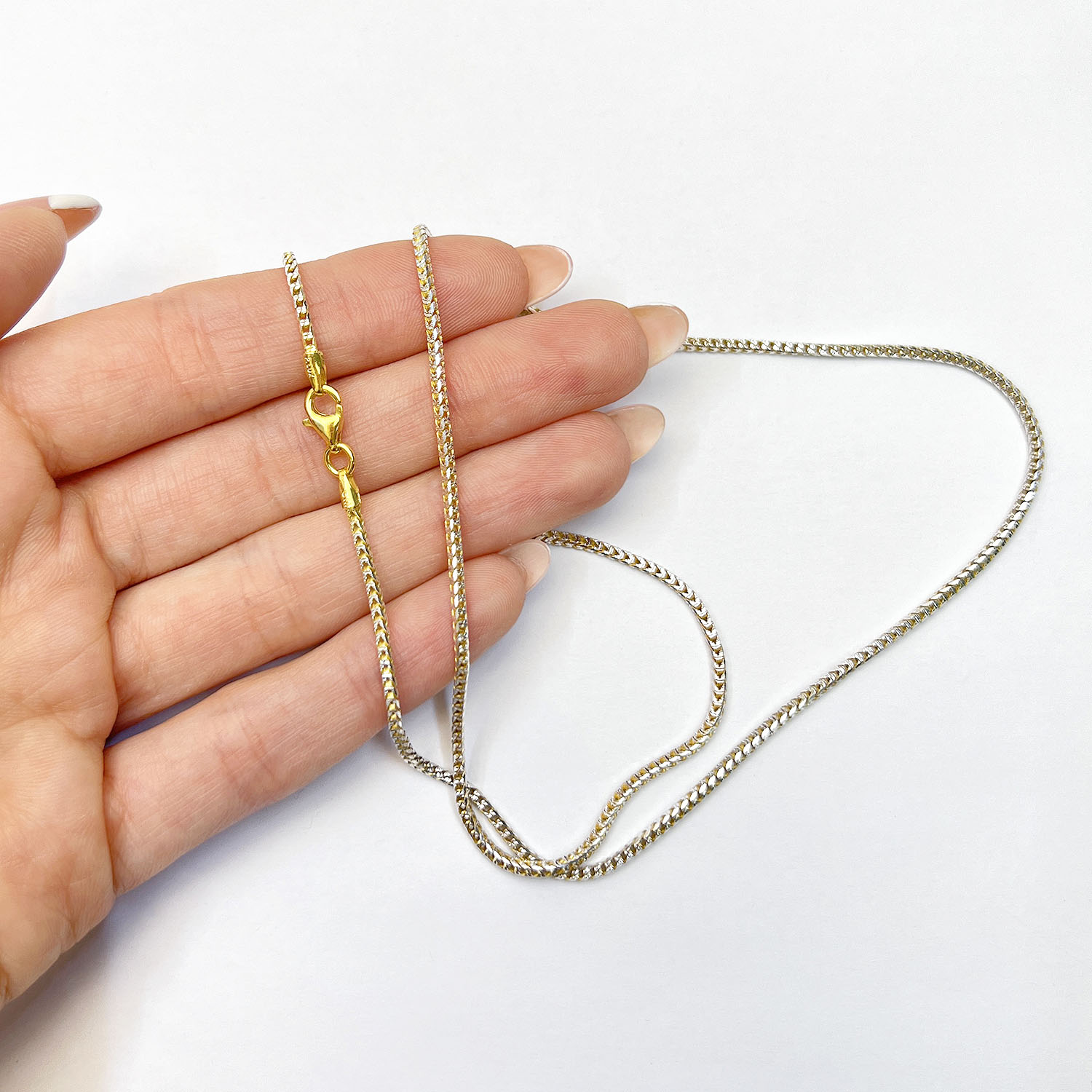 Solid 18K Yellow Gold Over Silver 1.4mm White Pave Franco Chain Necklace 16-24