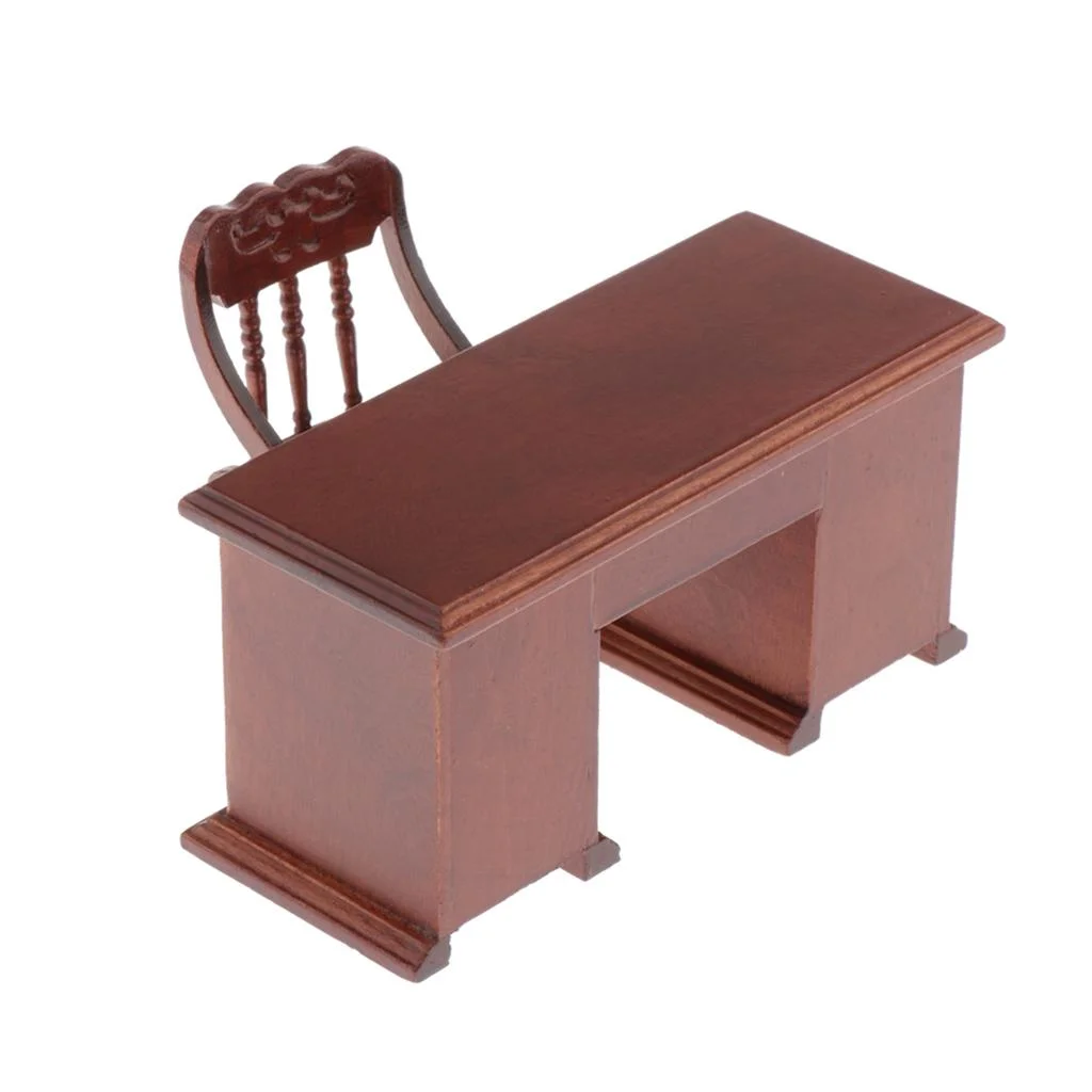 1:12 Scale Wooden Writing Desk & Chair Model Crafts, Drawers Can Be Opened, Dollhouse Miniature Furniture And Accessories