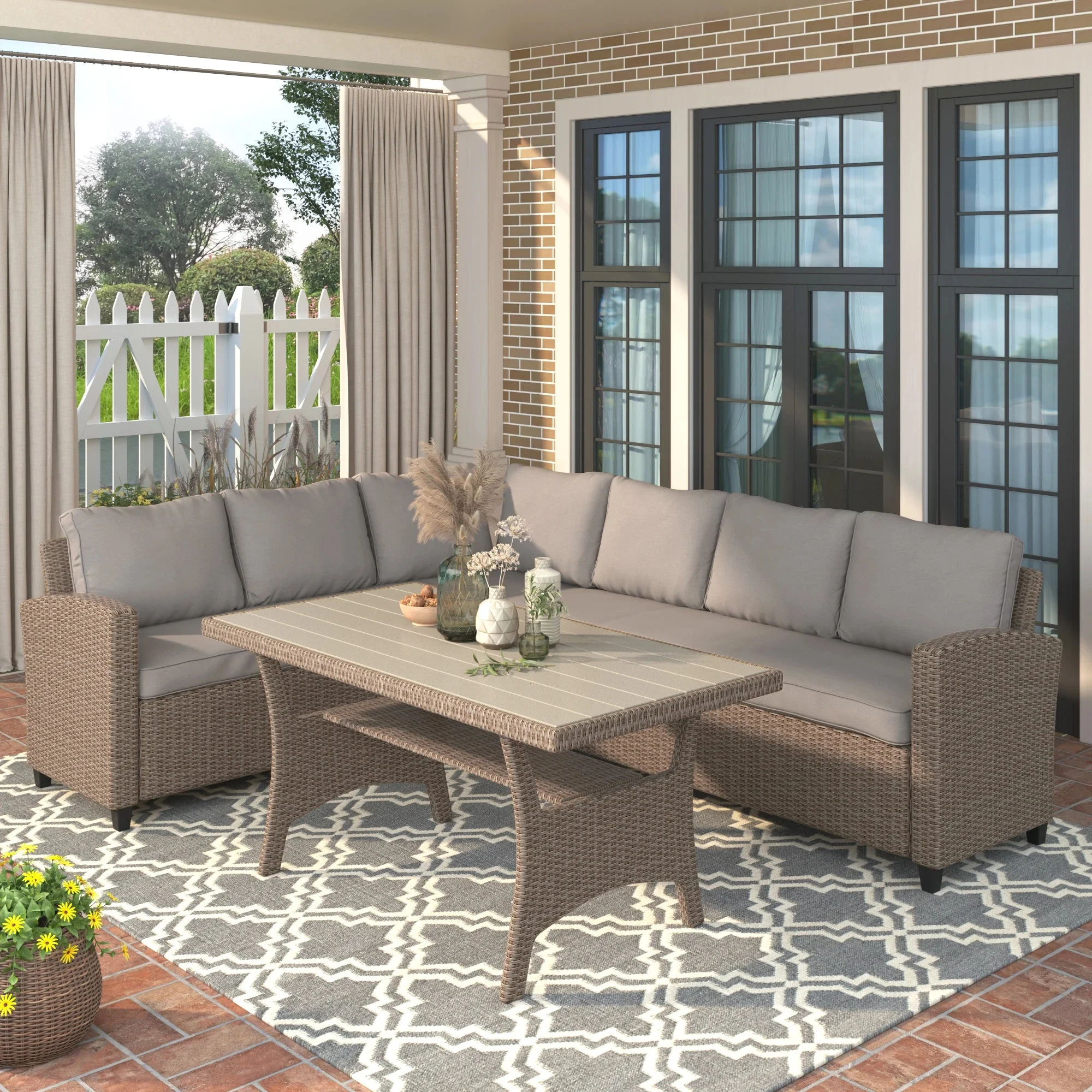 Patio Outdoor Furniture Set PE Rattan Wicker Conversation Set All-Weather Sectional Sofa Set with Table & Soft Cushions