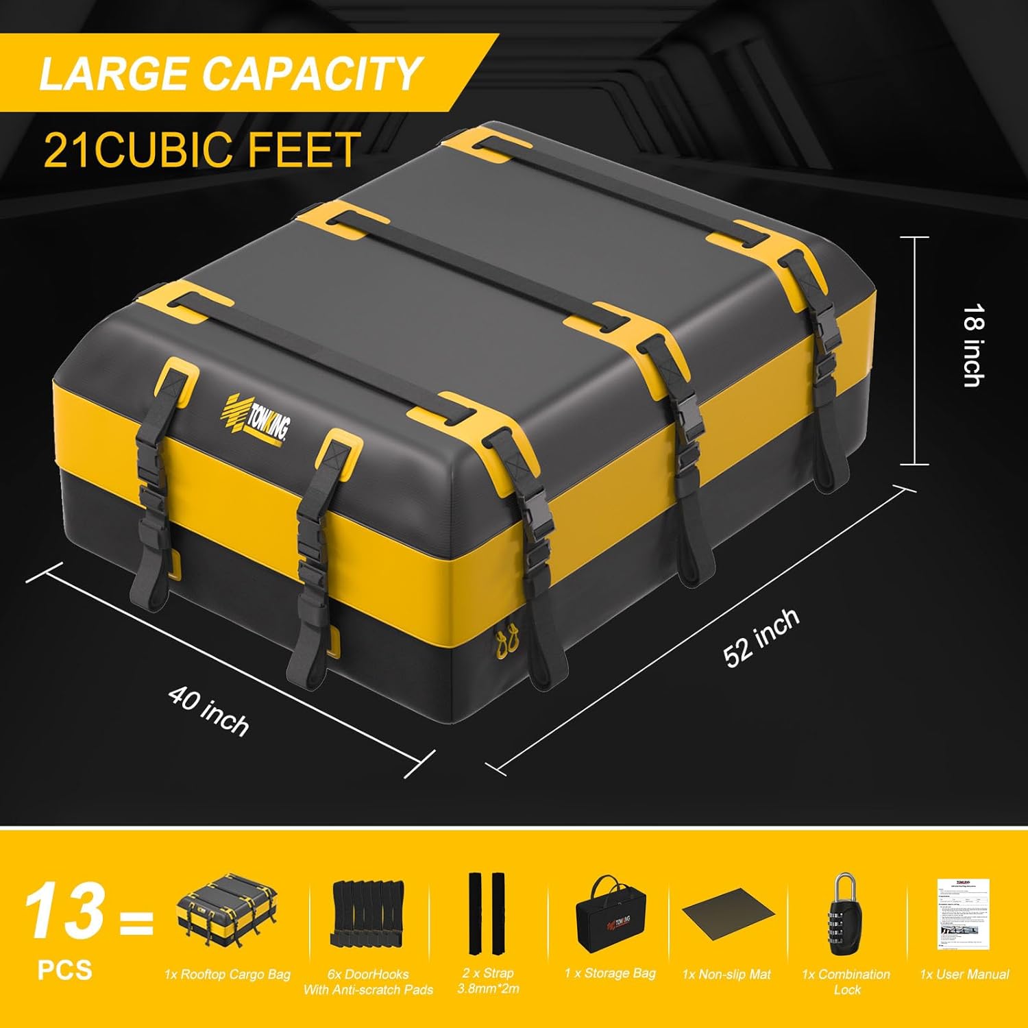 21 Cubic Feet Car Rooftop Cargo Carrier with Double Waterproof Zippers, Waterproof Roof Bag for All Vehicle with/Without Racks, Yellow