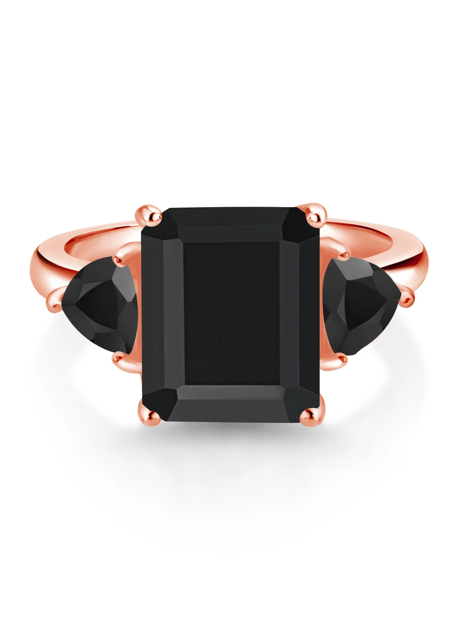 Gem Stone King 18K Rose Gold Plated Silver Black Onyx 3 Stone Ring For Women (6.49 Cttw, Octagon 12X10MM, Trillion 5X5MM, Gemstone December Birthstone, Size 7)