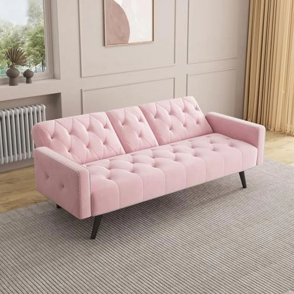 LLBIULife 72" Pink Velvet Futons Tufted Living Room Couch Bed Convertible Sleeper Sofa Bed with Cup Holder for Bedroom Guest Bed 2 Seater Reclining Sofas Couches with Nailhead Trim fo