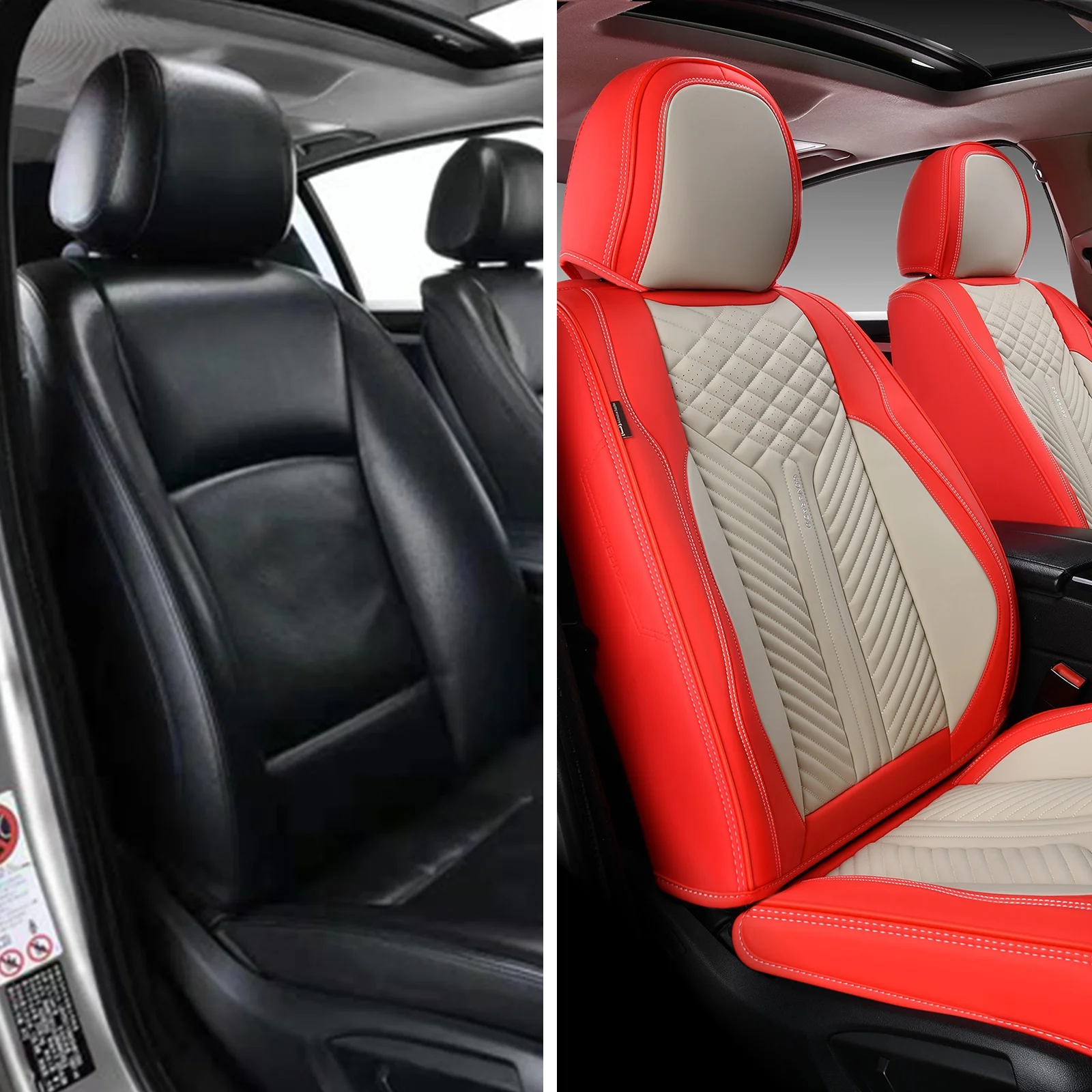 Coverado Front Pair Car Seat Covers, Waterproof Premium Leather Car Interior, 2 Pieces Auto Seat Protectors, Universal Fit Most Sedan, SUVs and Pickup, Beige&Red