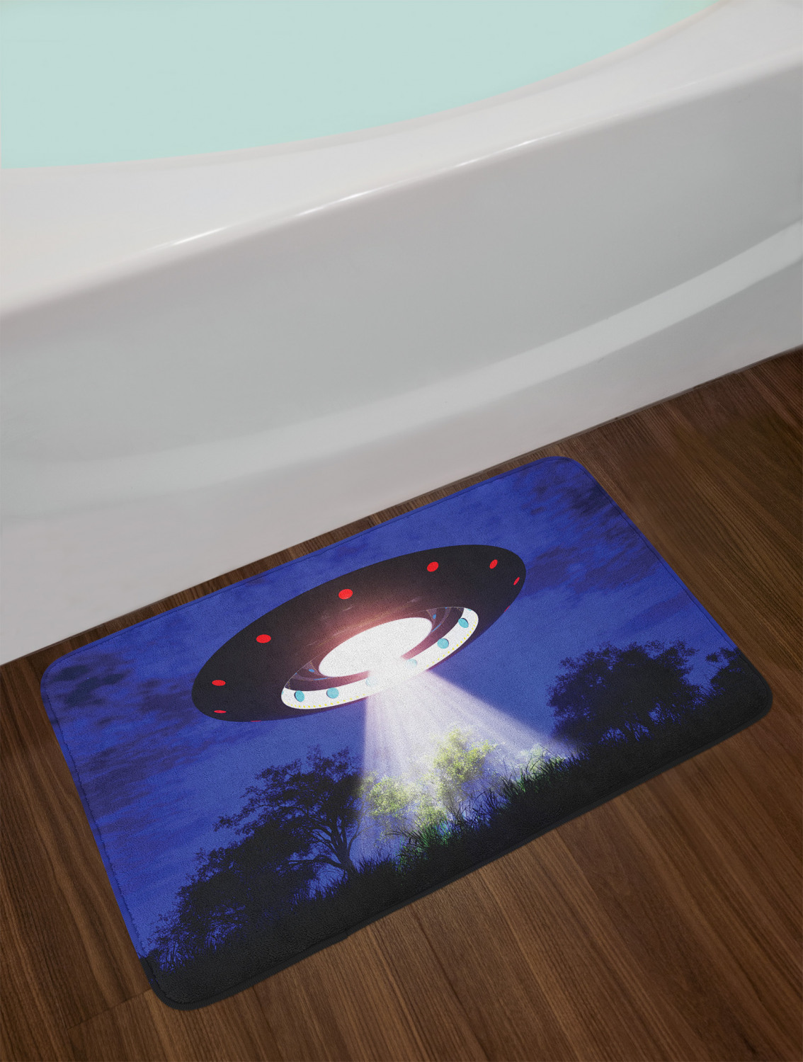 UFO Bath Mat, Night Scenery with Aliens Space Travel Science Fiction Themed Composition Woodland, Plush Bathroom Decor Mat with Non Slip Backing, 29.5