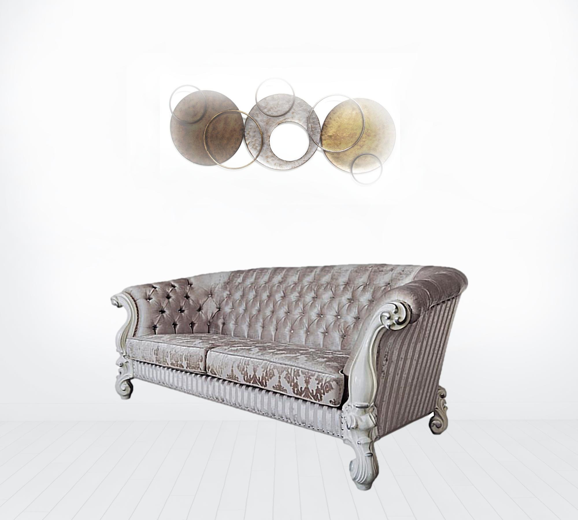 HomeRoots 491349 99 in. Ivory Velvet & Bone Sofa with Seven Toss Pillows