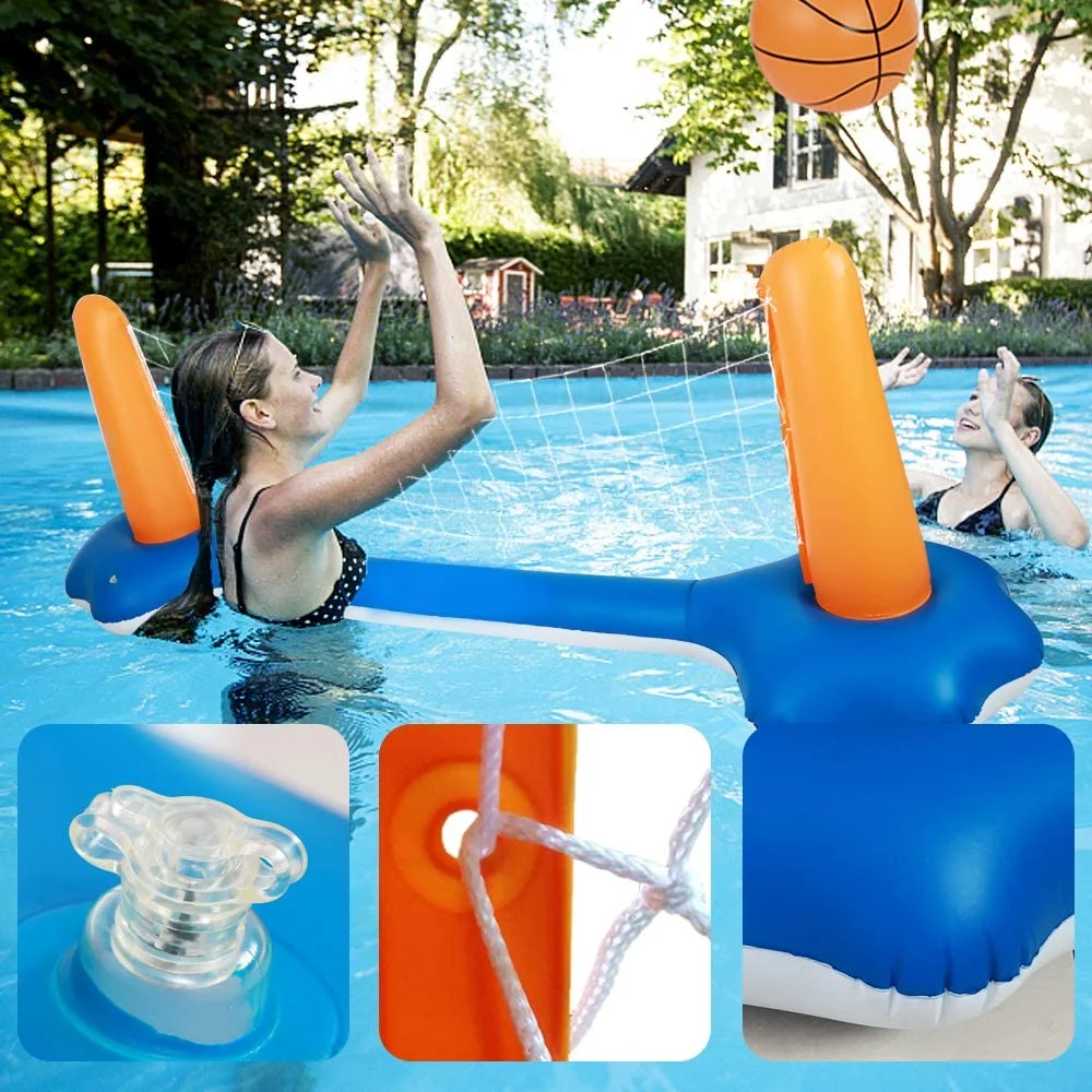 Inflatable Volleyball Net & Basketball Hoops Pool Float Set Swimming Game Toy, Floating Summer Floaties, Volleyball Court Pool Party Lounge Raft, Inflatable Party Fun Games