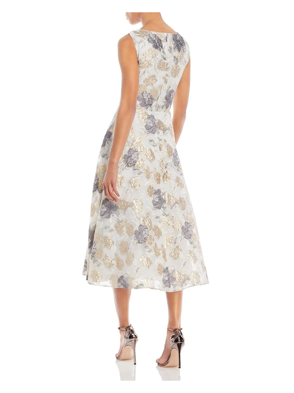 ELIZA J Womens Gray Zippered Pleated Lined Tulle Pocketed Floral Sleeveless V Neck Midi Evening Fit + Flare Dress 6