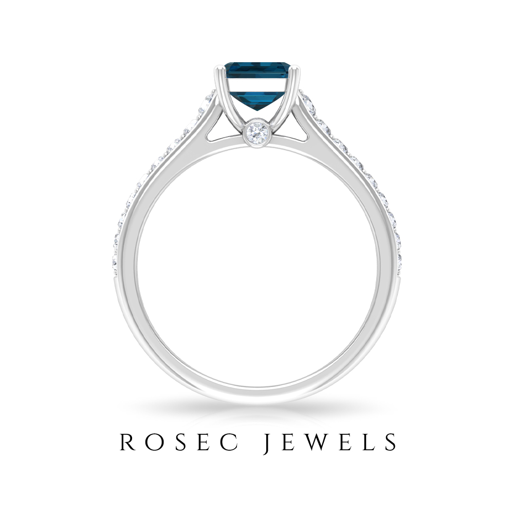 2 CT Octagon Cut London Blue Topaz Solitaire Ring with Diamond Side Stones, 14K White Gold, US 9.00