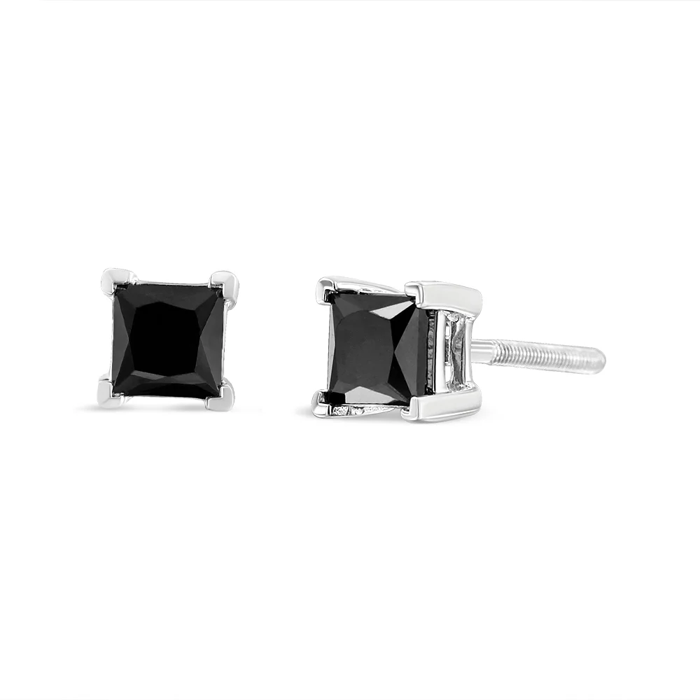 Haus of Brilliance 14K White Gold 2.00 Cttw Womens Princess-Cut Treated Black Diamond Classic 4-Prong Stud Earrings with Screw Backs (Fancy Color-Enhanced, I2-I3 Clarity)