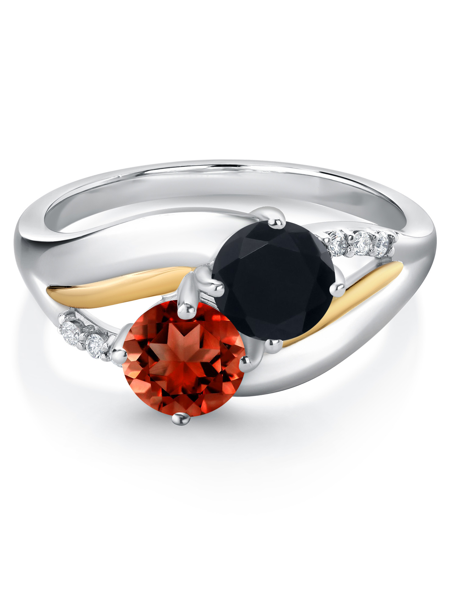 925 Sterling Silver and 10K Yellow Gold Red Garnet Black Onyx and Lab Grown Diamond 2 Stone Engagement Ring For Women (1.52 Cttw, Round 5MM,  January Birthstone, Available In Size 5, 6, 7, 8, 9)