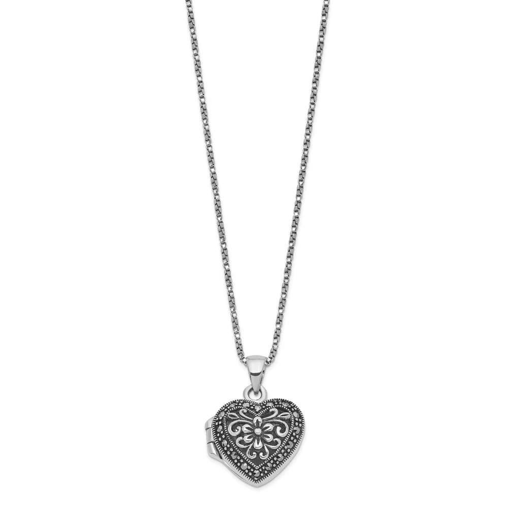 Auriga 925 Sterling Silver Rhod-pltd Floral Marcasite Heart Locket Necklace for Women 18