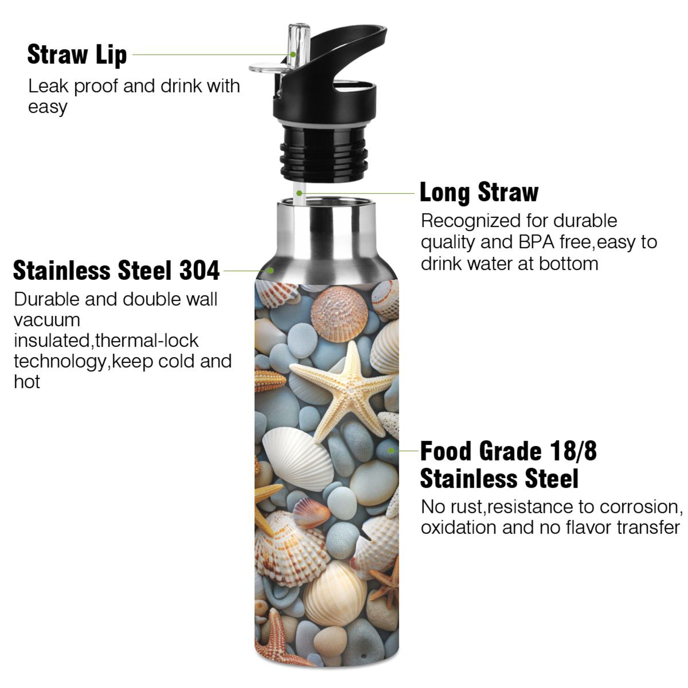Water Bottle with Straw Lid Leak Seastars Stones Stainless Steel Insulated Thermos Vacuum Flask for Cold Hot Drinking for Sports Camping Gym Yoga