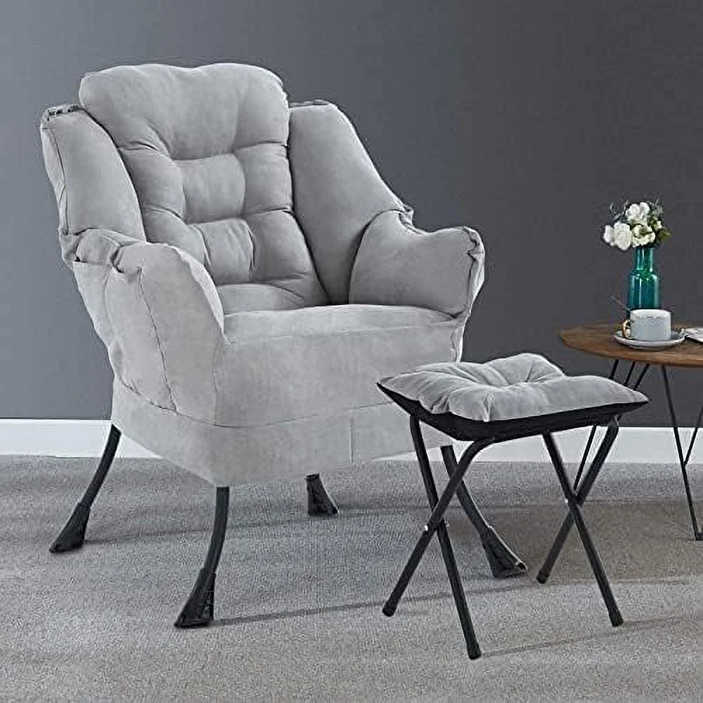 xrboomlife Modern Lazy Chair Single Sofa with Bench  Comfy Armchair Soft Lounge Accent Chair with Footstool/Side Pockets/Thick Cushion for Living Room  Bedroom  Office (Beige)