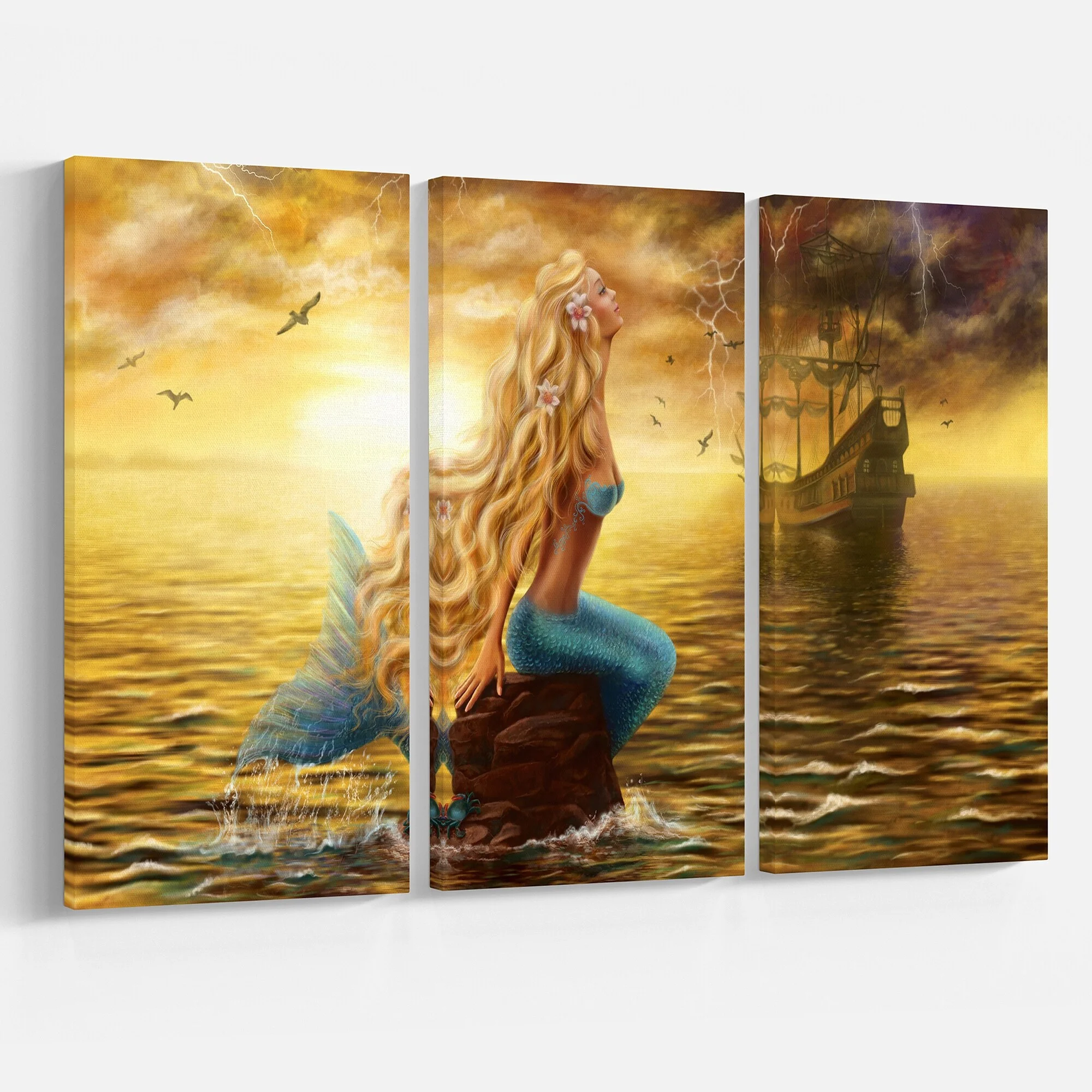 Design Art Sea Mermaid with Ghost Ship - 3 Piece Graphic Art on Wrapped Canvas Set