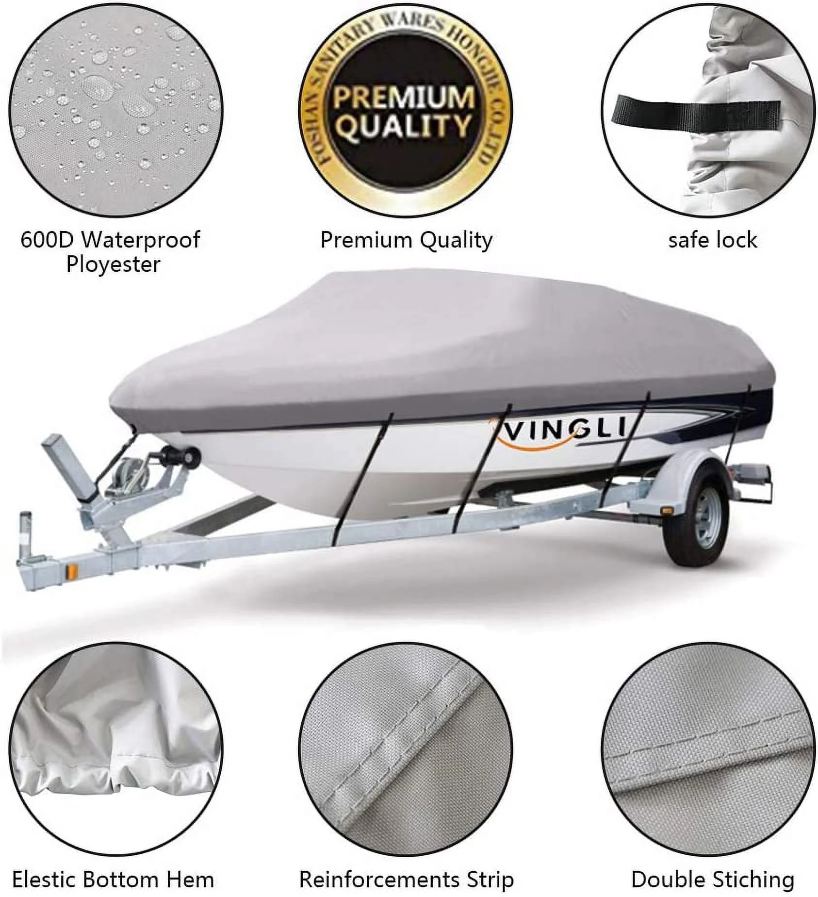 VINGLI Boat Cover Heavy Duty 600D Polyester Waterproof UV Resistant Marine Grade, Durable and Tear Proof, Fits 17-19 feet V-Hull, Tri-Hull Fishing Ski Pro-Style Bass Boats