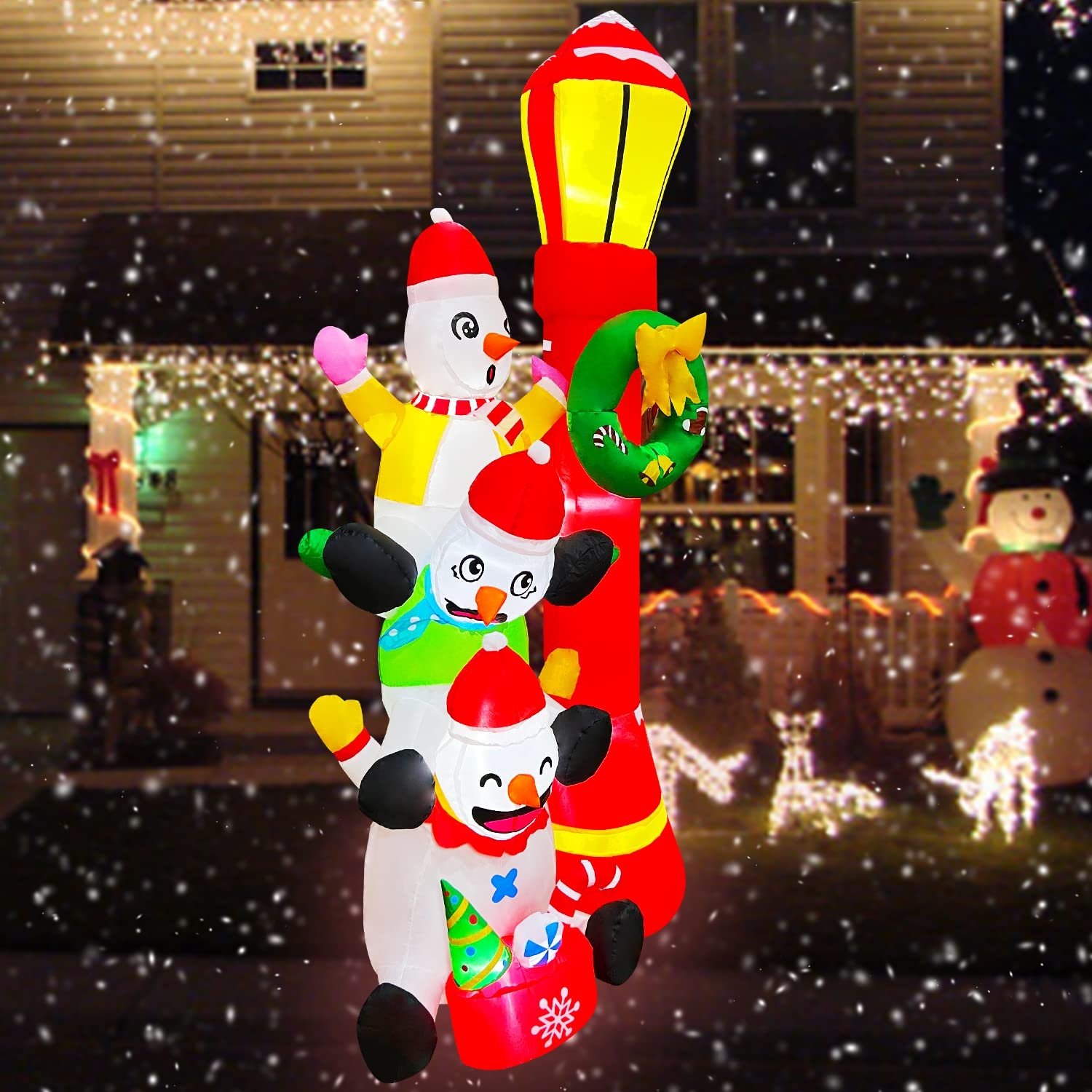 SEASONBLOW 6 FT Inflatable Christmas Décor Snowmans Stack of 3 with Street Light Sign Decoration for Lawn Yard