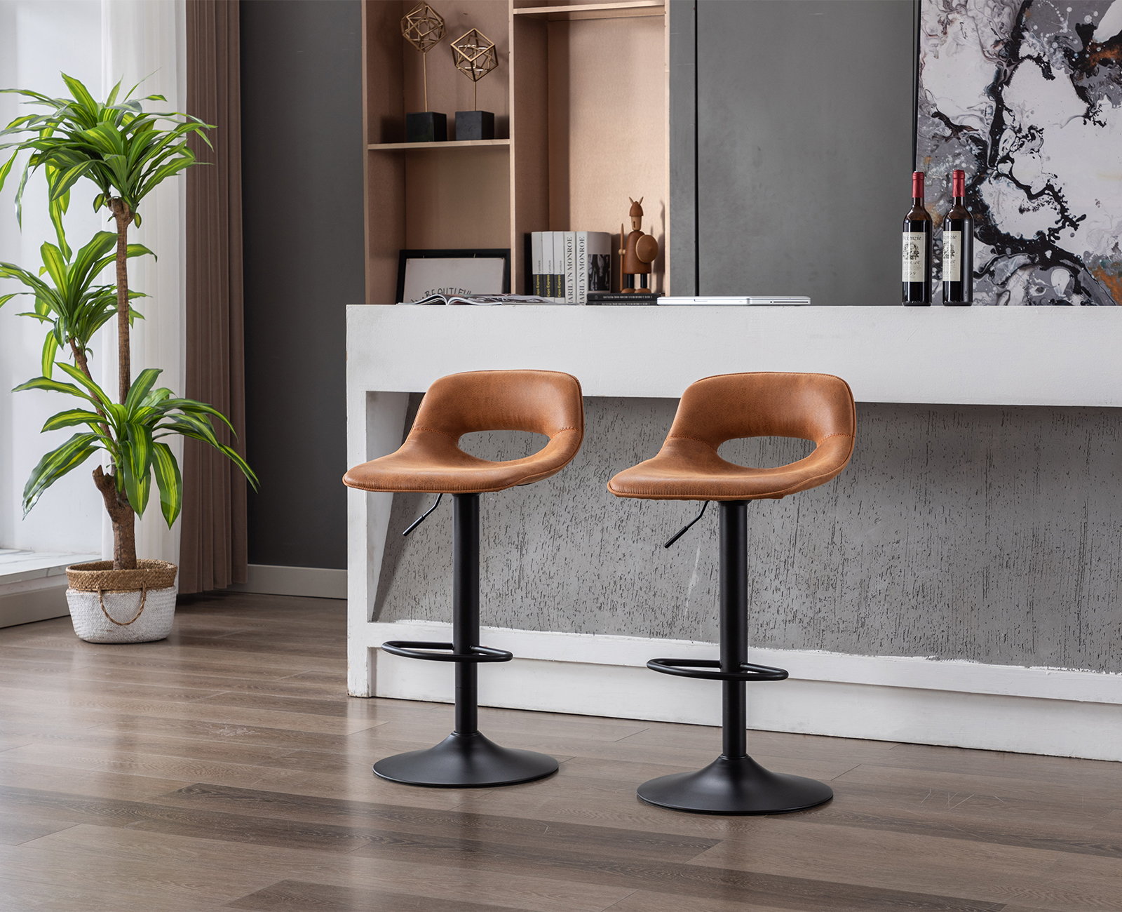 Guyou Modern Swivel Leather Bar Stools Set of 2, Adjustable Height Kitchen Island Chairs with Hollow Back, Coffee