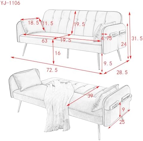 RUNFAYBIU Sofa Couch  74.8" Convertible Folding Linen Fabric Futon Sofa Bed with Adjustable Backrest and Metal Legs for Living Room  Bedroom (Black)