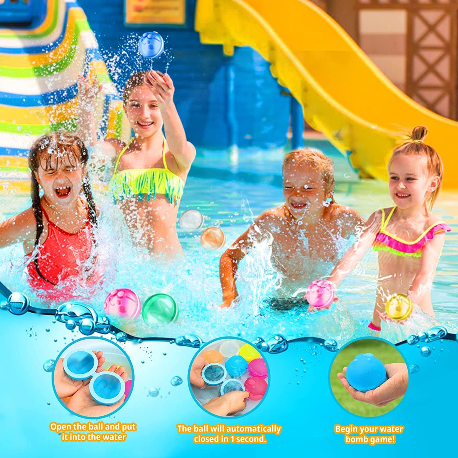 Water Balloons Quick FillSplash Balls for Kids, Reusable Water Balloons, Reusable and Refillable, Summer Toy Water Toy for Pool,Water Fight Game, Summer Party6 pcs
