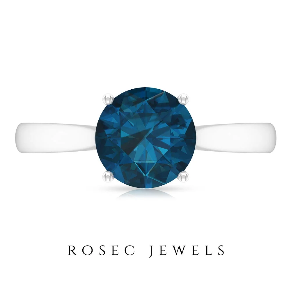London Blue Topaz Solitaire Ring with Surprise Diamond for Women (8 mm) - 2 CT, 925 Sterling Silver, US 4.50