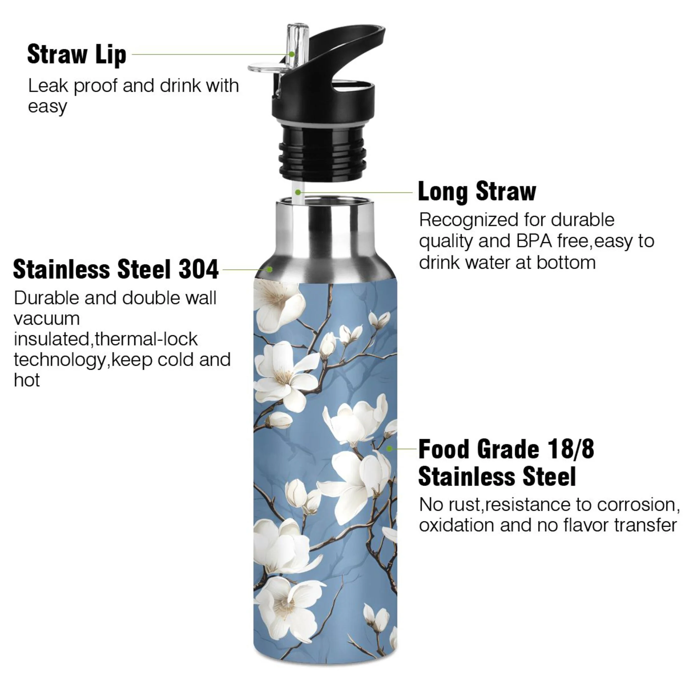 Water Bottle with Straw Lid Leak Flowers in Blue Stainless Steel Insulated Thermos Vacuum Flask for Cold Hot Drinking for Sports Camping Gym Yoga