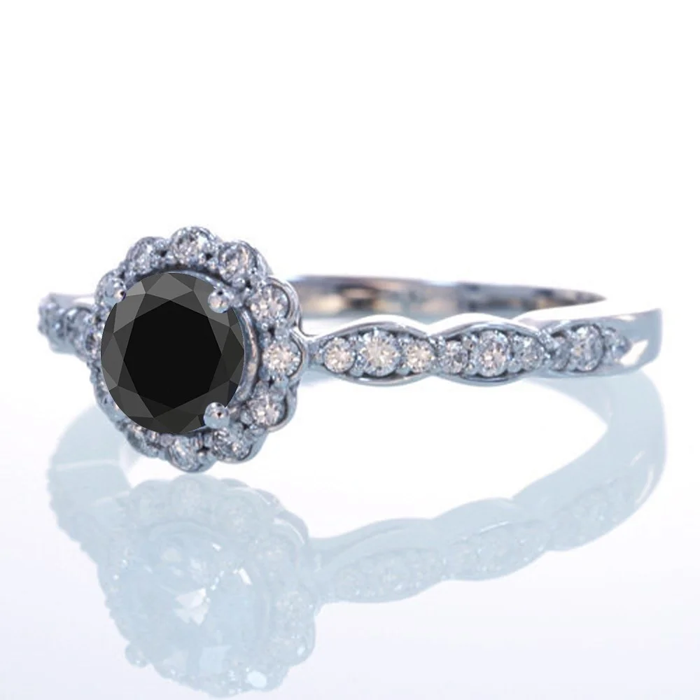 1.5 Carat Round Cut Black Diamond and Diamond Flower Vintage Designer Engagement Ring on 10k White Gold