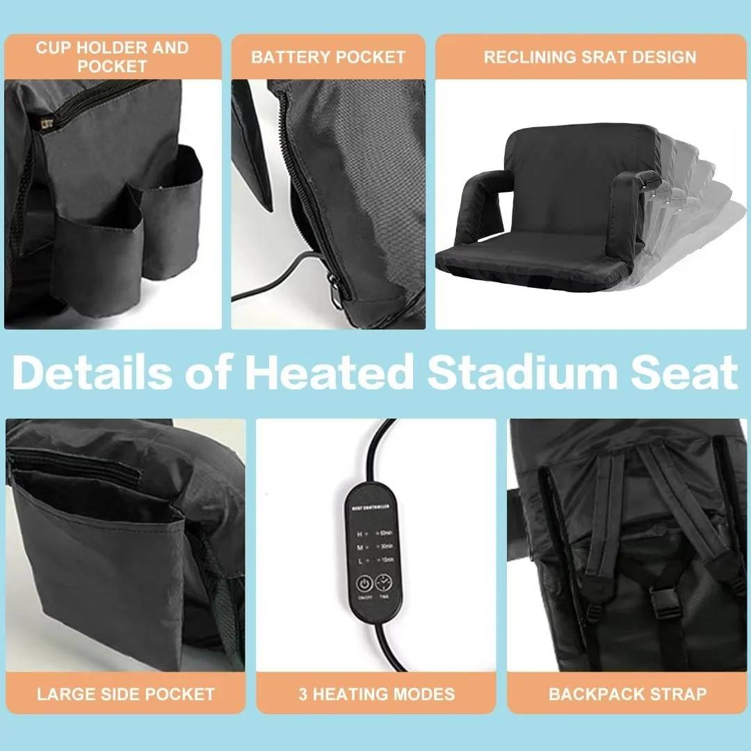Docred 2-Pack Heated Stadium Seat for Bleachers with Back Support, Folding Stadium Seat Bleacher Chair with 6 Reclining Positions & Arm Support, 3 Heat Modes