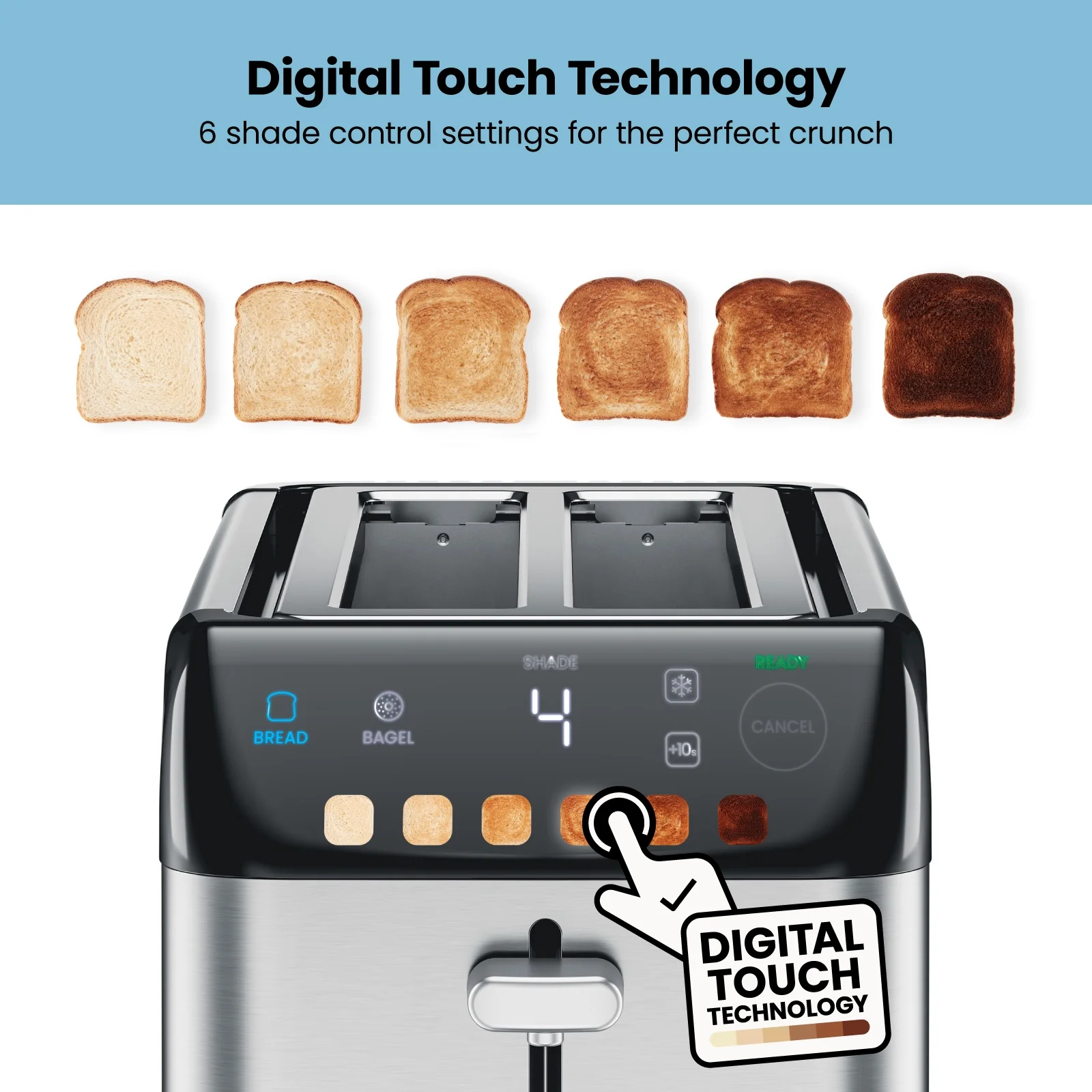 Chefman Smart Touch 4 Slice Digital Toaster, 6 Shade, Extra-Wide Slots, Removable Crumb Tray