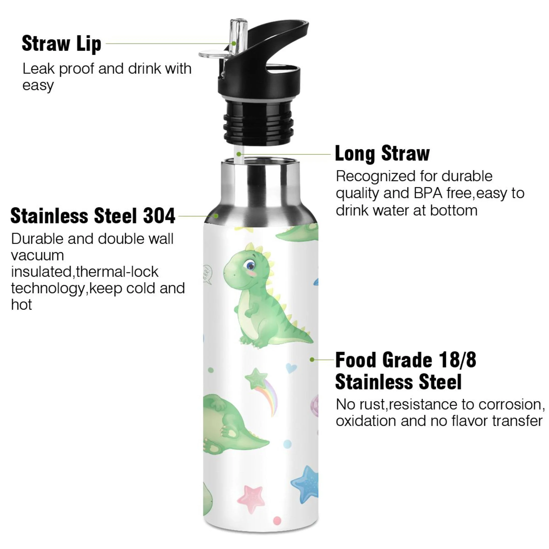 Stainless Steel Water Bottle Funny Dinosaur Cute Satrry with Straw Lid Vacuum Insulated Keeps Hot and Cold Leak Proof Flask Jug for Gym Travel Sports Cycling Outdoor 20 OZ