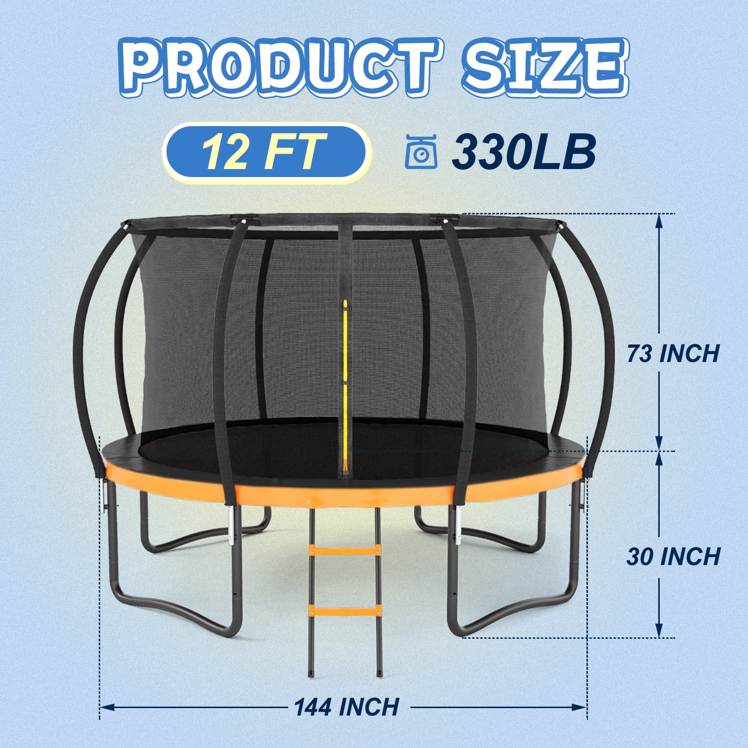 12 FT outdoor large children's trampoline with internal safety fence net, ladder, PVC spring cover pad