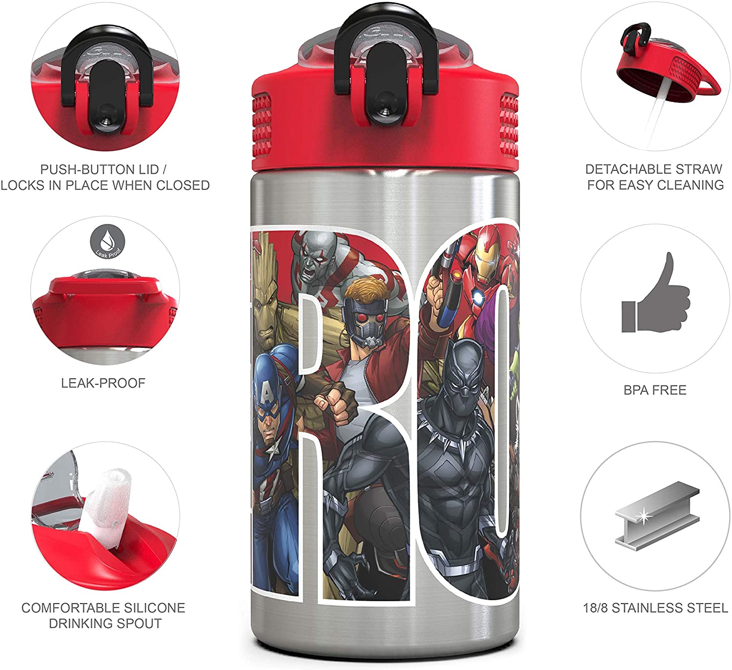 Zak Designs Marvel Universe - Stainless Steel Water Bottle with One Hand Operation Action Lid and Built-in Carrying Loop, Kids Water Bottle with Straw Spout is Perfect for Kids (15.5 oz, BPA Free)