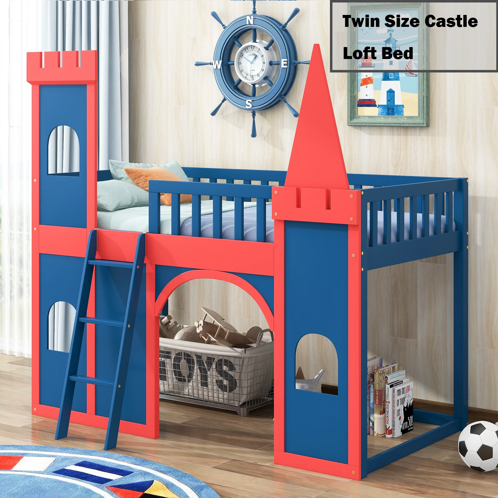 Bellemave Castle Shaped Loft Bed Twin Low Floor Bunk Bed Wooden Bed Frame Twin Size Castle Loft Bed with Guardrails and Underbed Storage for Kids, Boys, Girls, Blue